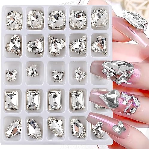 Dornail 25 piezas de diamantes de imitación blancos transparentes de mariposa para uñas, corazón rectangular, gemas de uñas 3D, múltiples formas