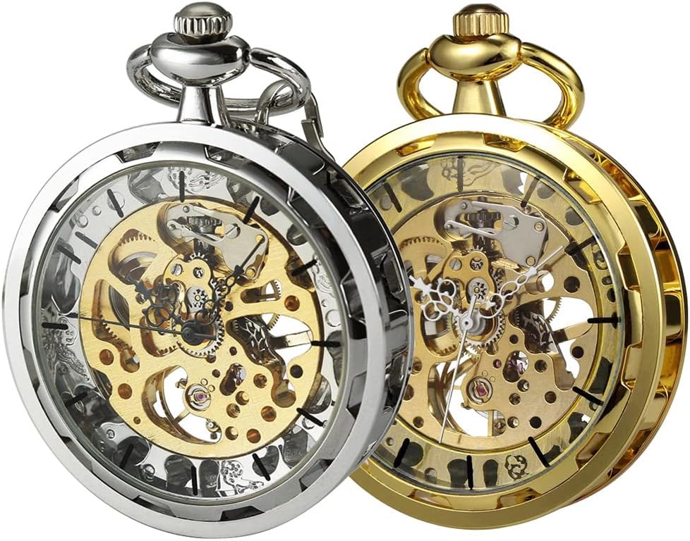 VIGOROSO Mens Classic Steampunk Pocket Watch Silver Skeleton Hand Wind Mechanical Watches in Box+Mens Steampunk Pocket Watch with Chain Skeleton Hand Wind Mechanical Watches for Men, Gift for Husband