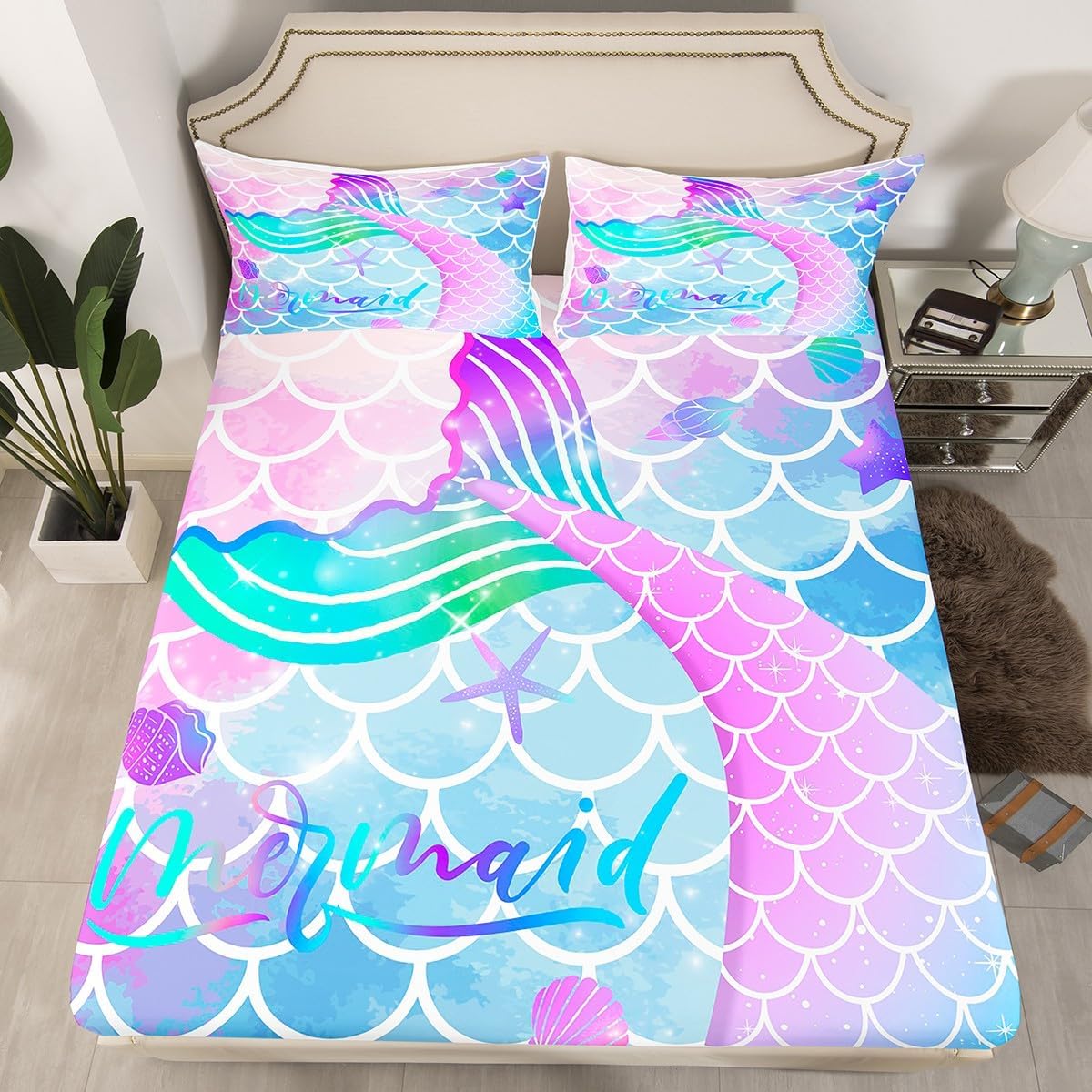 Mermaid Fitted Sheet Fish Scale Bedding Set 3pcs with 2 Pillowcases Watercolor Mermaid Fish Scale Fitted Sheet Set Luxury Microfiber Bedding All-Round Elastic Pocket,Queen Size