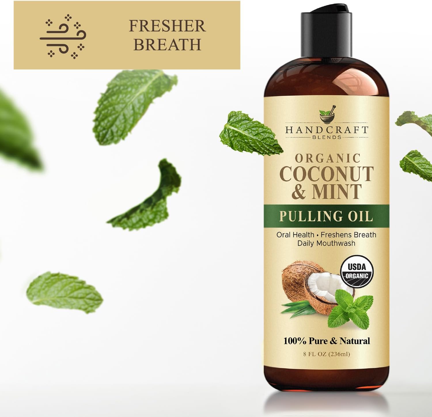 Handcraft Blends Coconut Oil Pulling for Teeth and Gums with Peppermint Oil - Organic Coconut Oil Pulling Oil Mouthwash for Fresh Breath, Oral Health and Cleaner Teeth and Gums - 8 Fl oz