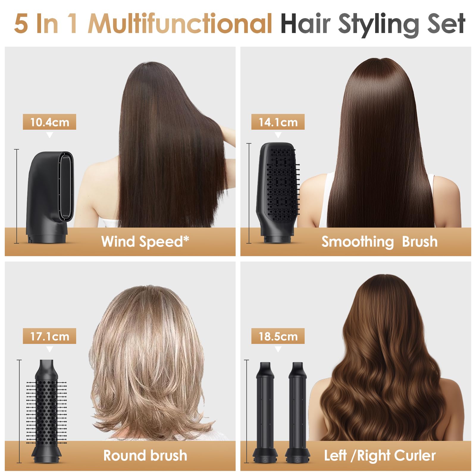 Journeyside Spazzola ad Aria Calda 5in1,Asciugacapelli ad Alta Velocità,1400W Airstyler Asciugacapelli Ioni,Spazzola per Capelli Multi con 3 Temperature&3 Velocità per Asciugare,Volumizzare,Lisciare