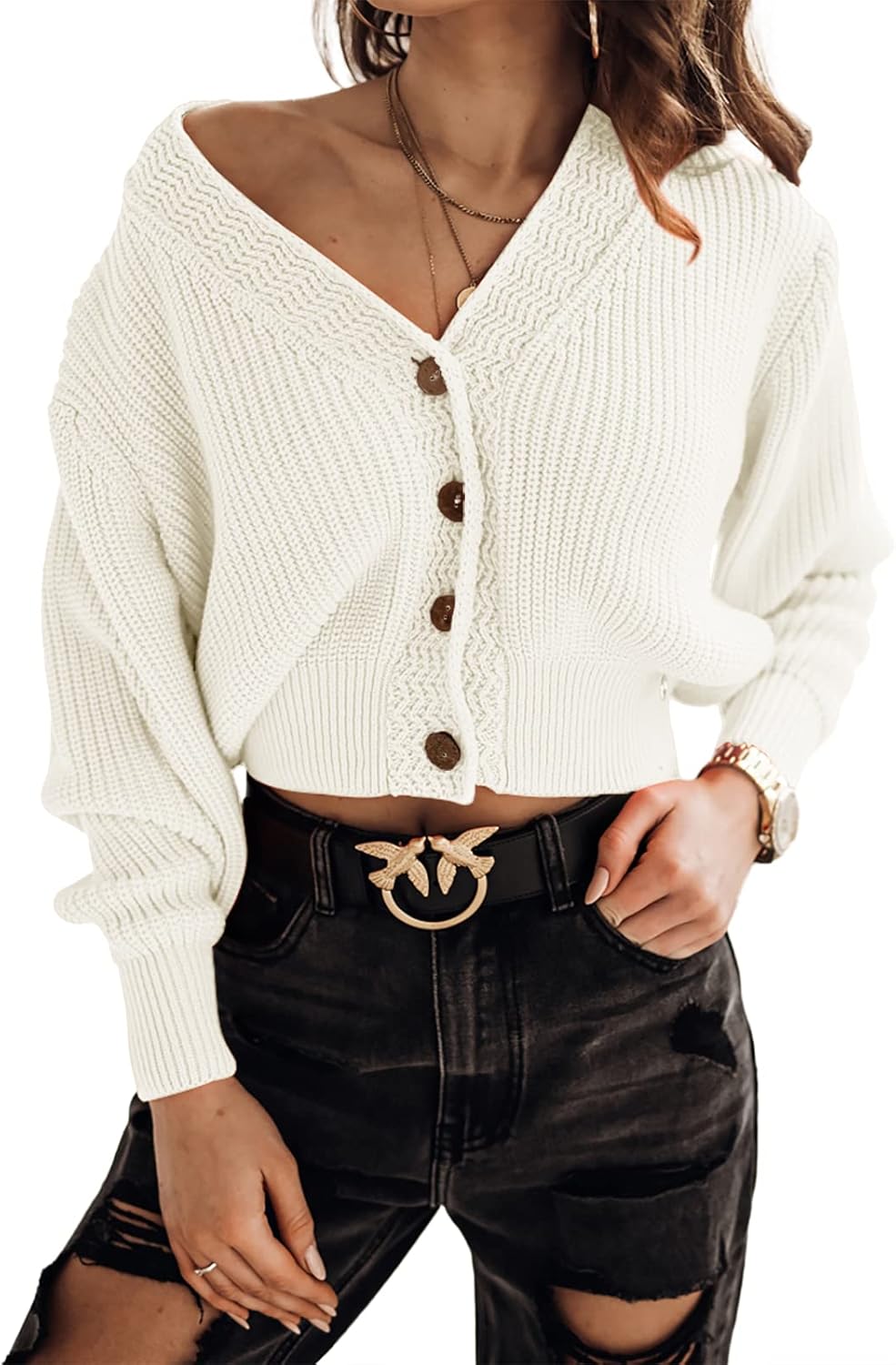 Febriajuce Women's Long Sleeve V-Neck Button Down Rib Knit Cropped Cardigan Sweater
