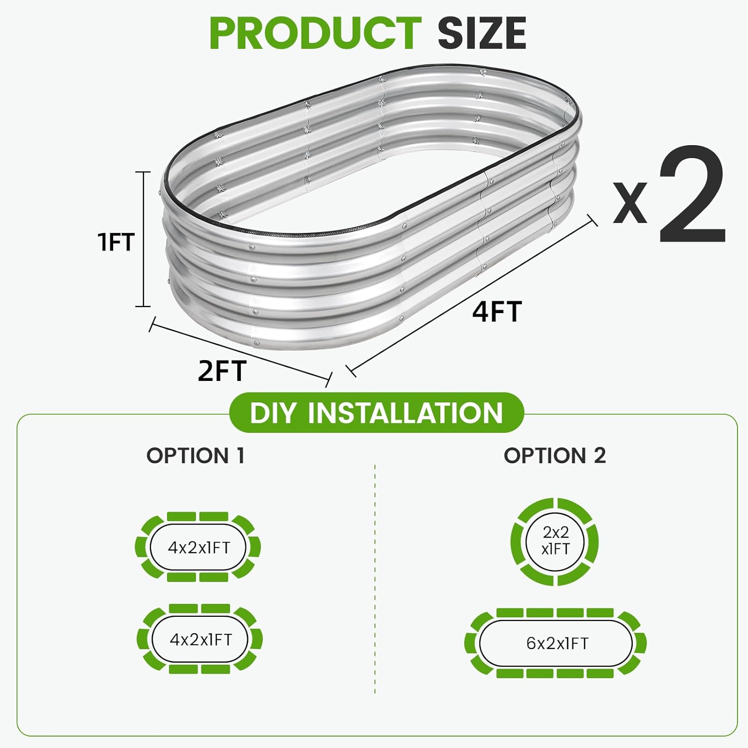 G GOOD GAIN Galvanized Metal Raised Garden Bed Kit - 4x2x1FT Outdoor Planter Box with Safety Edging and Gloves for Vegetables, Fruits, Flowers(Silver, 2PC)