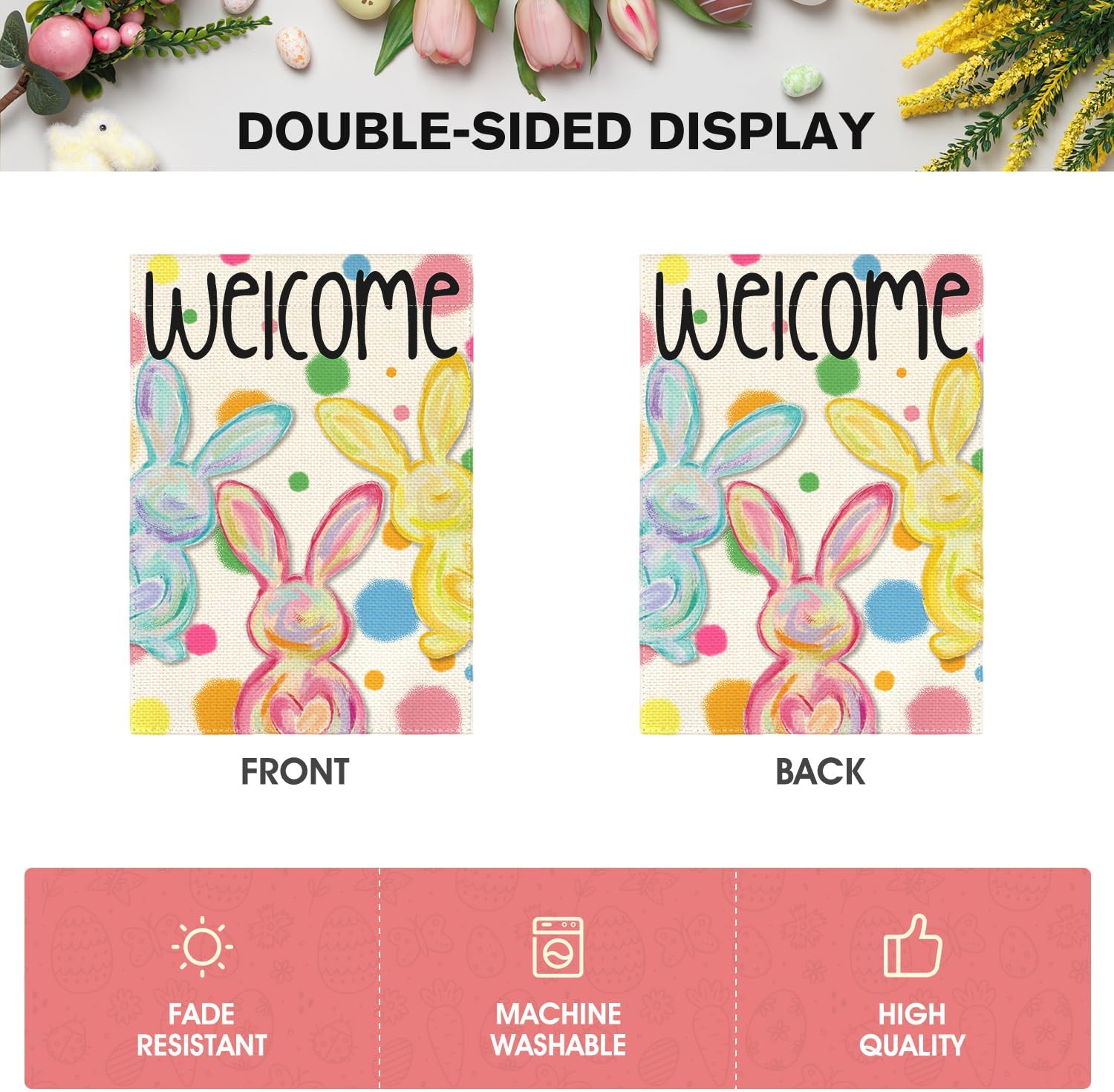 AVOIN colorlife Easter Bunny Rabbit Garden Flag 12x18 Inch Double Sided Outside, Polka Dots Welcome Spring Yard Outdoor Flag - Image 6