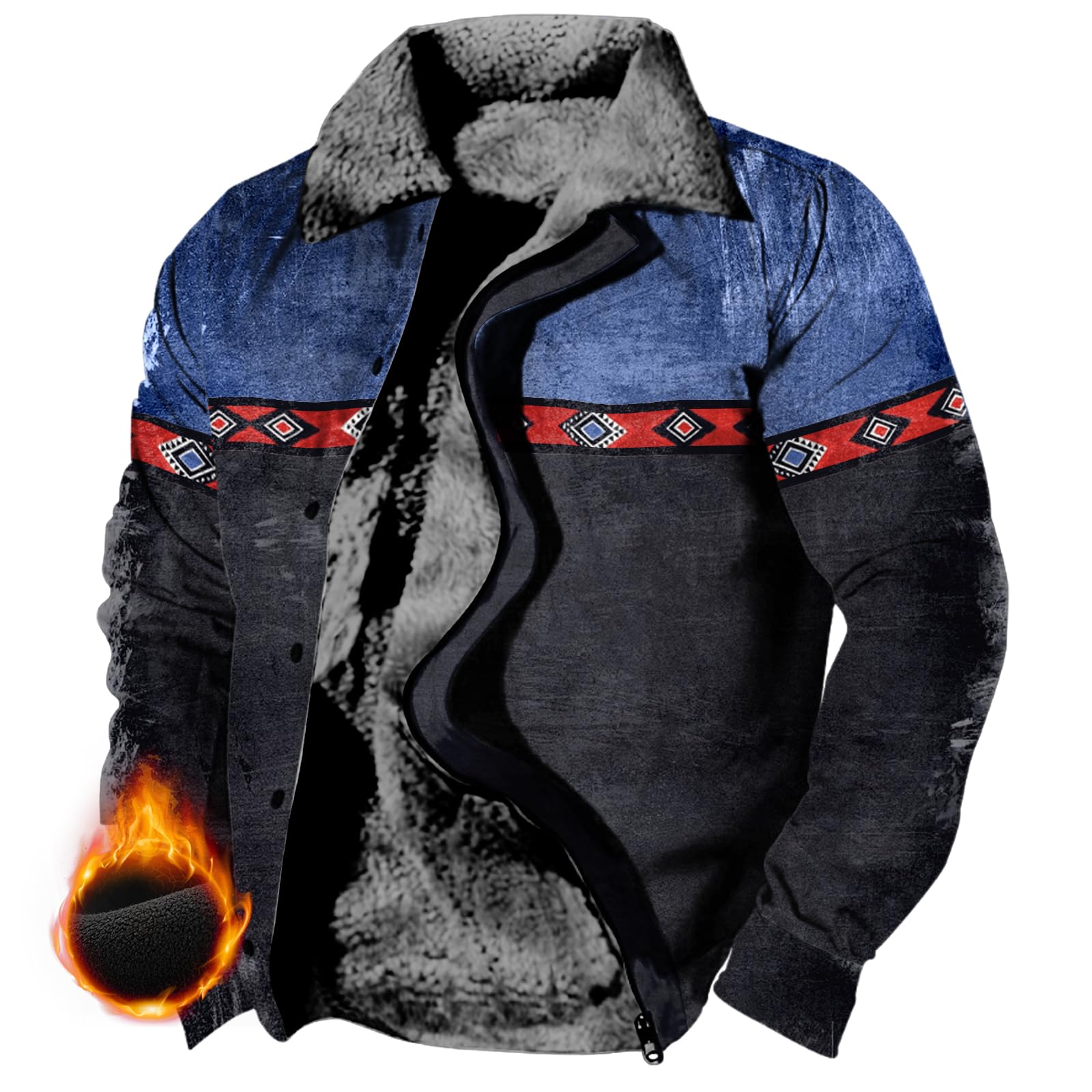 MARSVOVO Fashion Fleece Aztec Western Jackets for Men Winter Sherpa Lined Cowboy Coat Vintage Casual Fall Zip Up