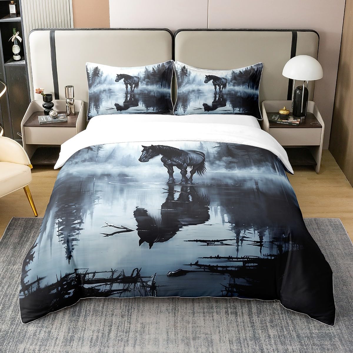Manfei 100% Cotton Horse Duvet Cover,Rustic Farmhouse Animal Cowboy Comforter Cover(No Filler),Chinese Style Nature Lake Pine Tree Dark Blue Ink Paint Decorative Quilt Cover,3Pcs Full Size