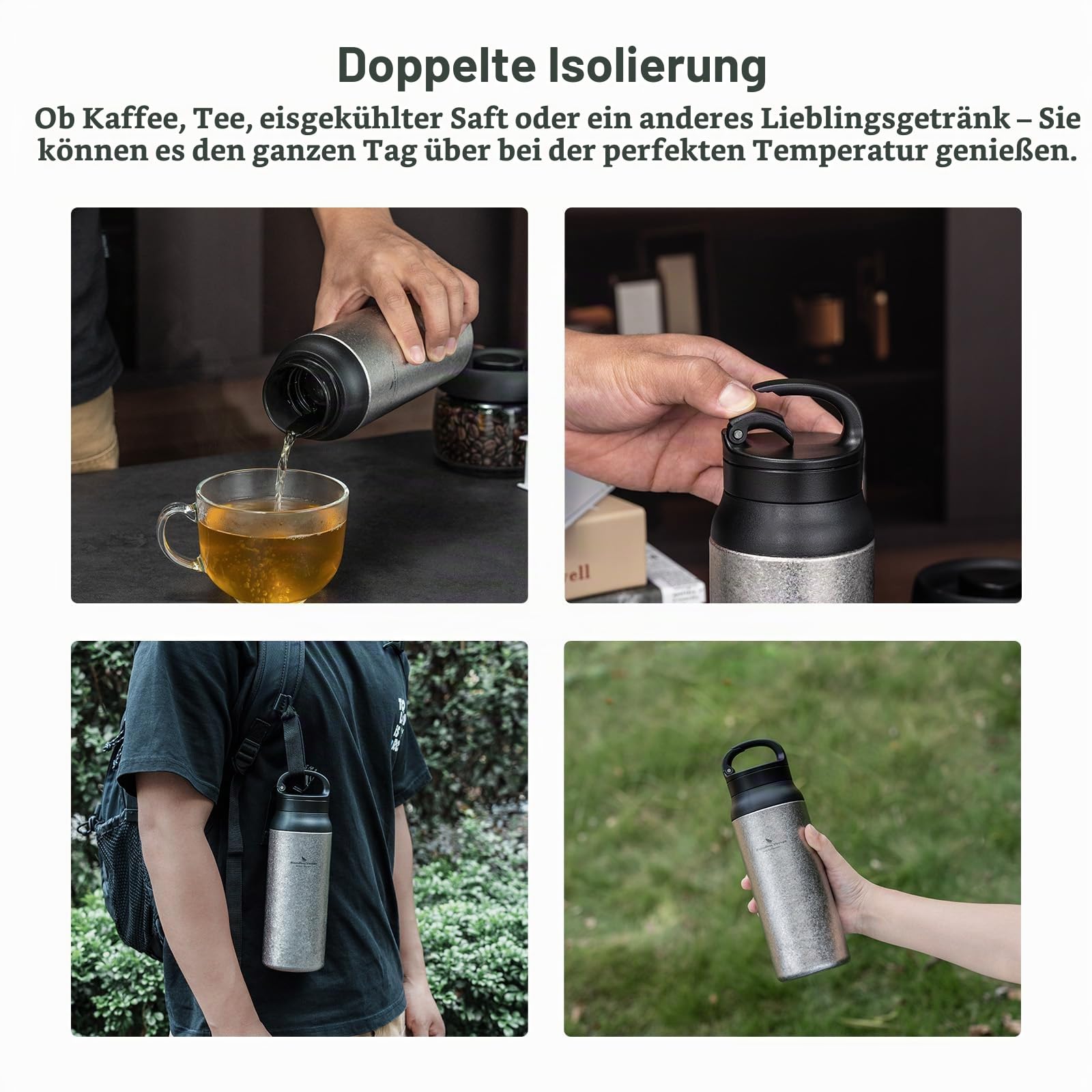 iBasingo 600ml Titan Vakuumflasche Doppelwandige Isolierte Flasche Tragbare Wiederverwendbare Reise Halten Heißes & Kaltes Wasser Kaffee Tee Becher Ti3010D