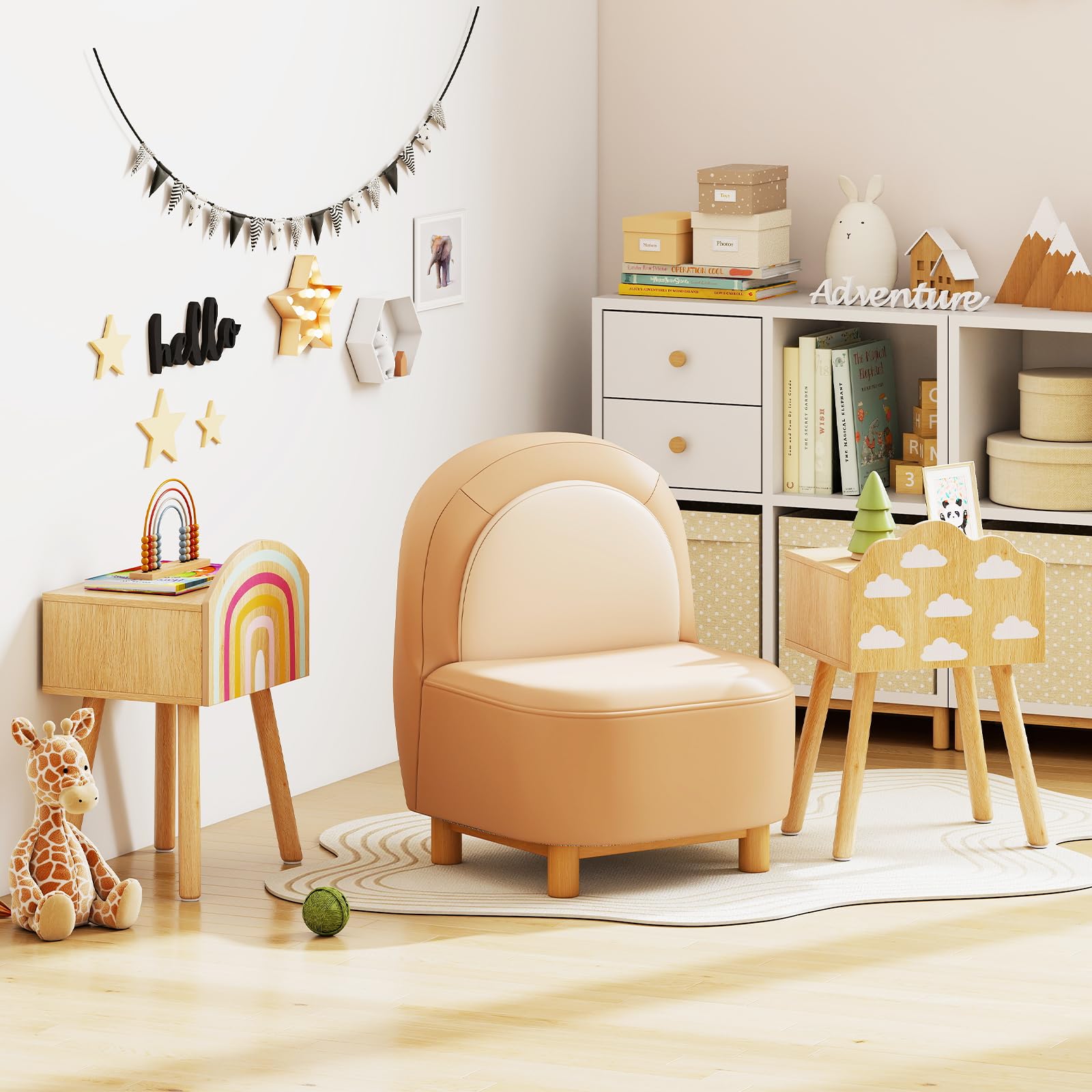KOMFOTTEU Set di 2 comodini per bambini, comodini per bambini, con gambe in legno massello, tavolino ausiliario con dispositivo antiribaltamento, tavolo testiera con motivi arcobaleno e nuvole