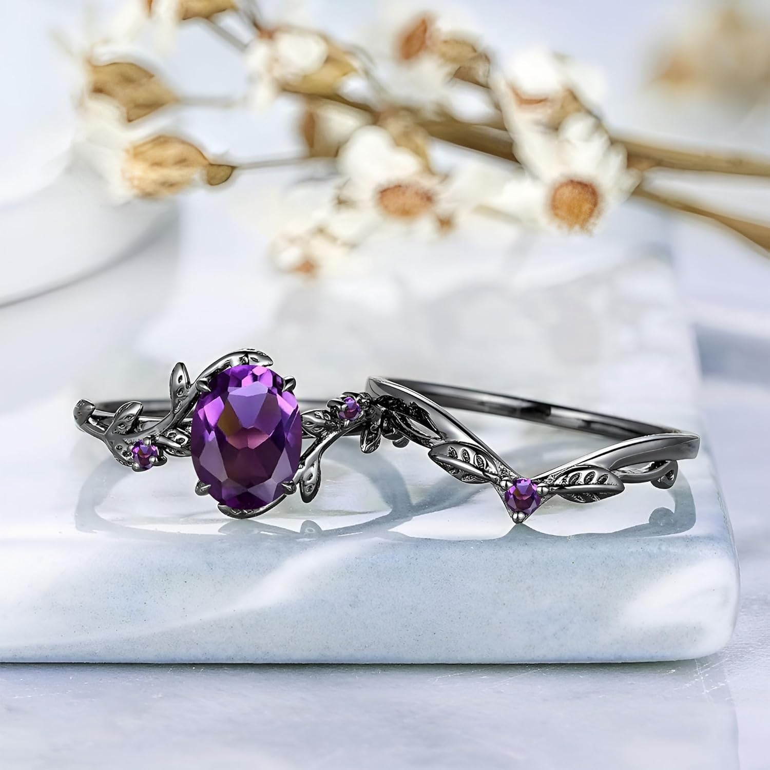 2Carats Oval Shaped Gemstone Engagement Ring Sets for Women Leaf Art Deco Wedding Band Ring 10K 14K 18K Gold Vintage Gemstone Jewelry for Anniversary Christmas Size 4-12