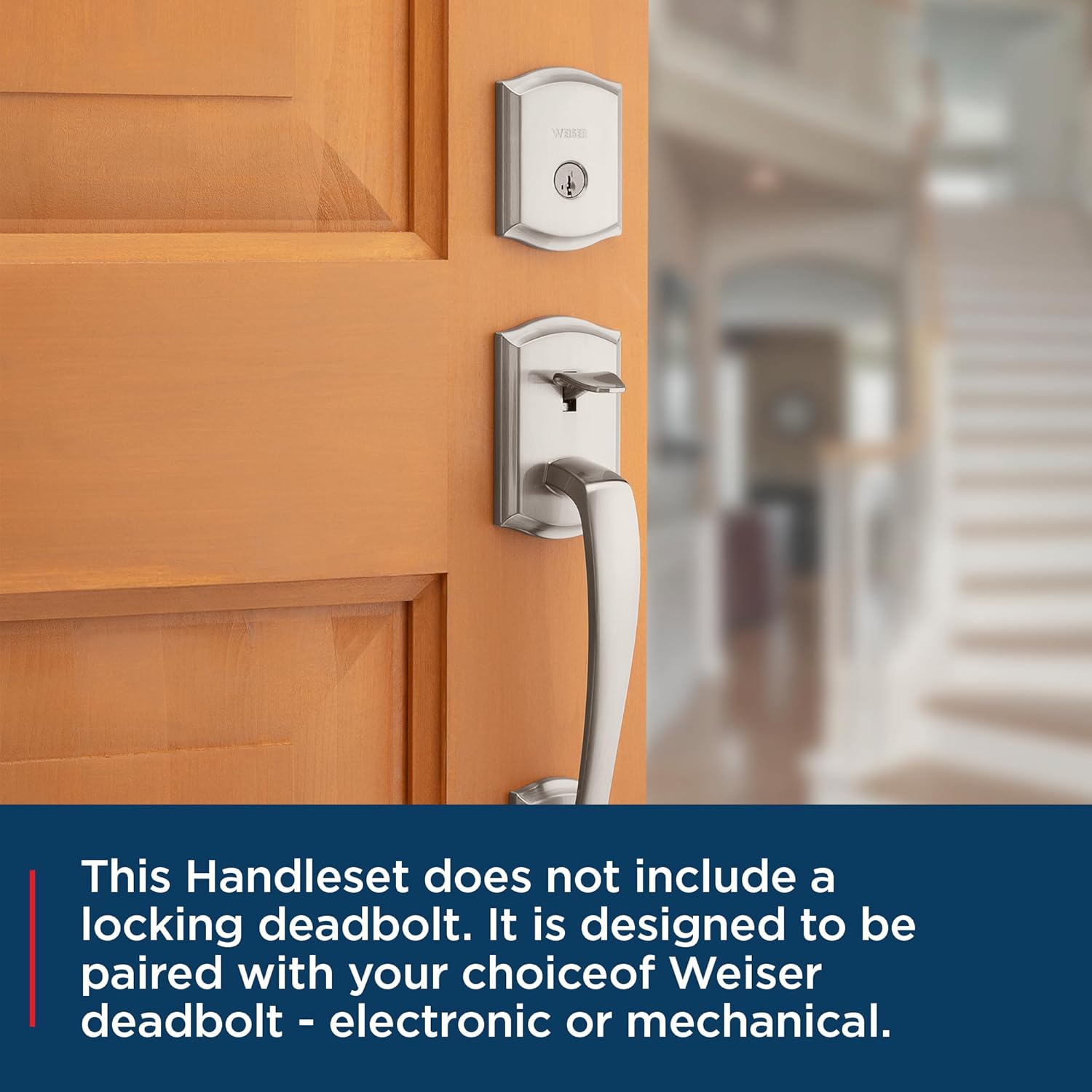 Weiser Prescott/Katella Handleset installed on a wooden door, with a separate deadbolt above it