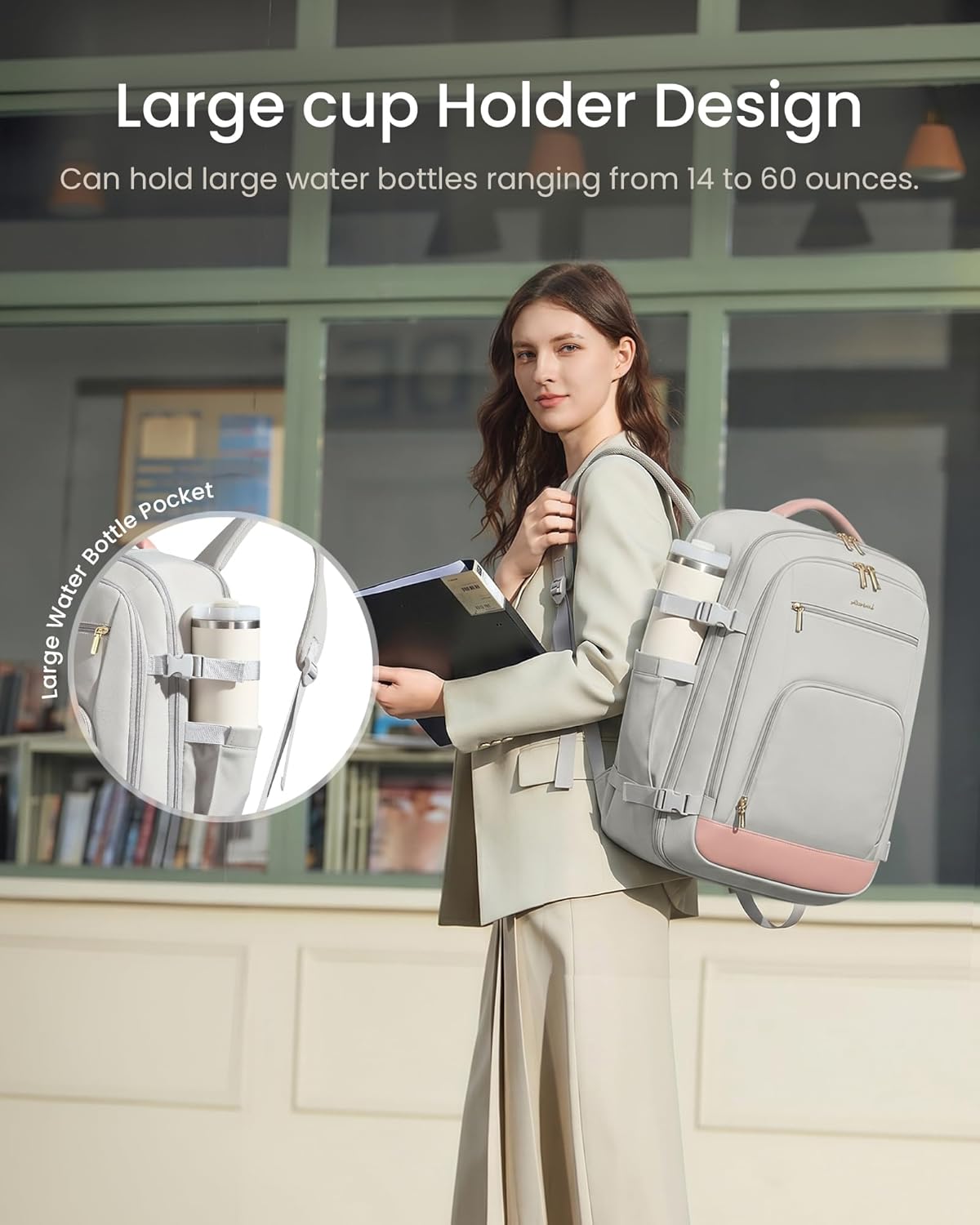 LOVEVOOK Travel Backpack for Women, 50L Carry On Backpack Flight Approved with Garment Bag, Personal Item Travel Bag Fit 17 Inch Laptop, Business Weekender Overnight Daypack With 2 Cubes, Pink-Grey