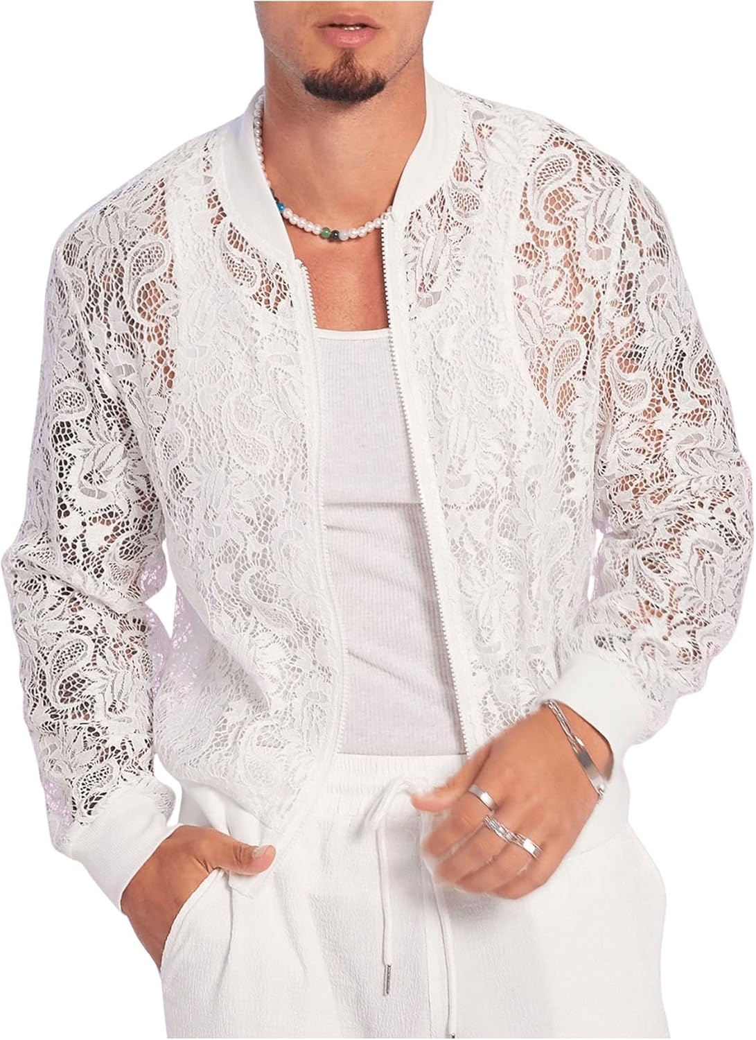 WDIRARA Men's Sheer Floral Lace Bomber Jackets Long Sleeve See Through Coats Zip Up Outerwear