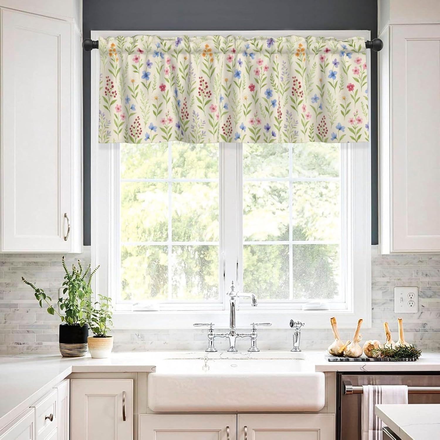 Valance for Windows Colorful Wildflower Kitchen Curtains Valances Rod Pocket Watercolor Daisy Floral Window Treatment Short Topper Curtains 1 Panel, 54x18inch
