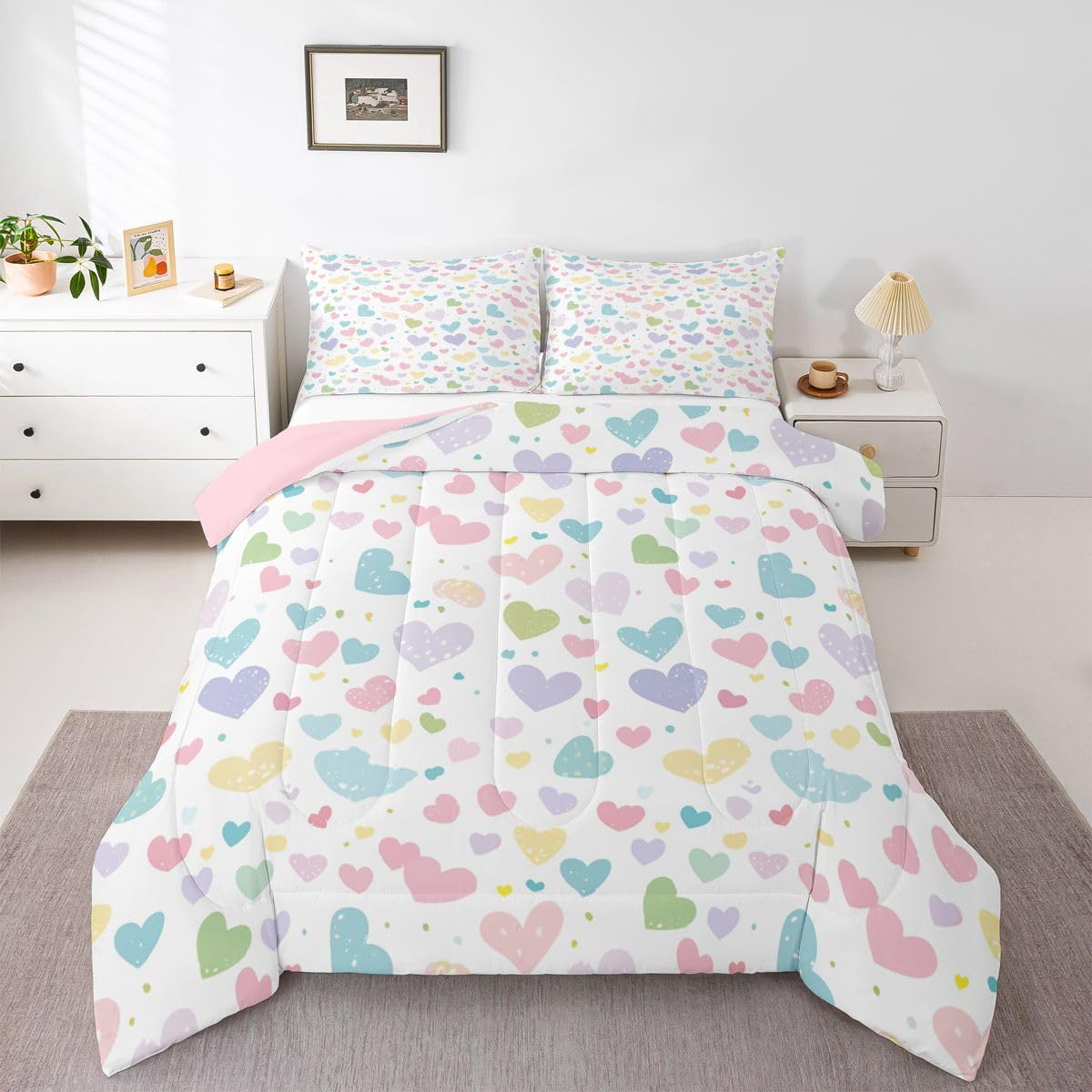 Erosebridal Cute Heart Full Comforter Set Valentine Love Heart Bedding Set for Kids Girls Rainbow Hand Drawn Style Comforter Cartoon Geometric Quilt