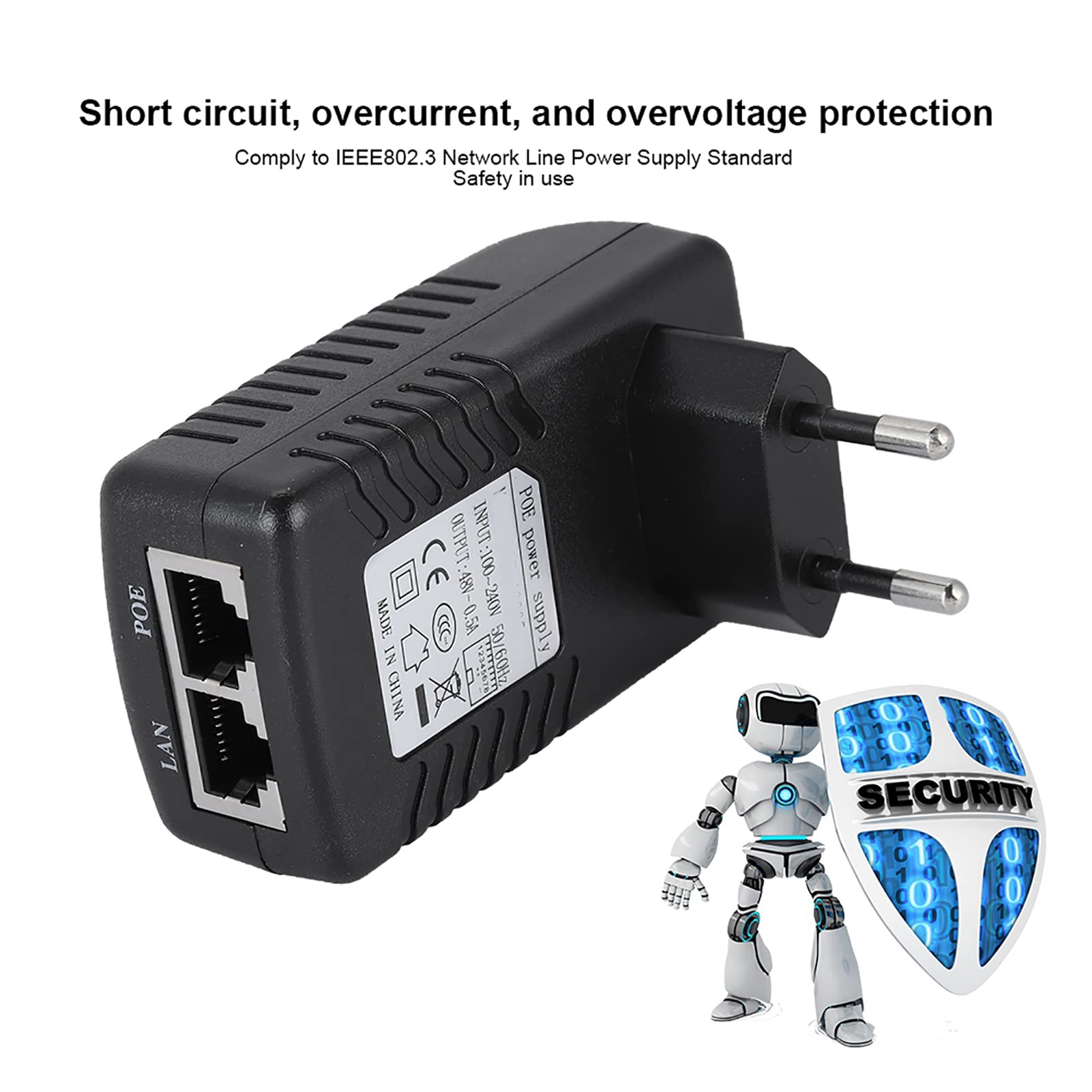 POE Injector 48 V 0,5 A, alimentatore passivo POE Injector Ethernet con spina a parete, adatto per telefoni IP Voip, fotocamere, AP e altro (UE)