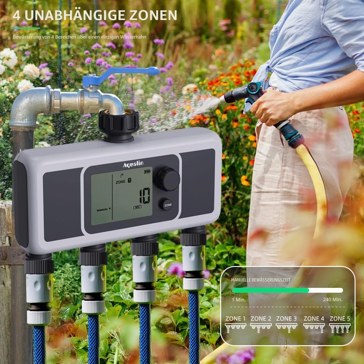 4-Auslass-Wasser-Timer, automatischer Bewässerungsschlauch-Sprinkler-Timer, 4-Zonen-programmierbare Gartenbewässerungssystem-Controller