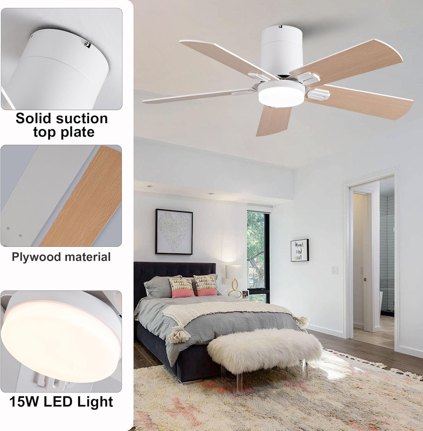 BOOMJOY 42 Inch White Flush Mount Ceiling Fan with Lights and Remote, 5 Blade Low Profile Hugger Ceiling Fans with Lights Smart Outdoor Ceiling Fan for Bedroom living Room Modern Indoor Office