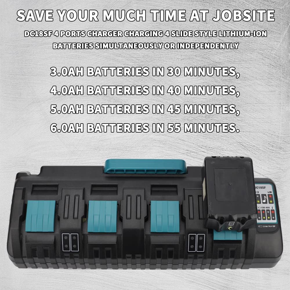 4-Port Battery Charger for Makita 18V & 14.4V LXT Lithium-Ion Batteries, Replacement for DC18SF DC18RC DC18RD, Compatible with BL1860B BL1850B BL1840B BL1830B (Charger Only)