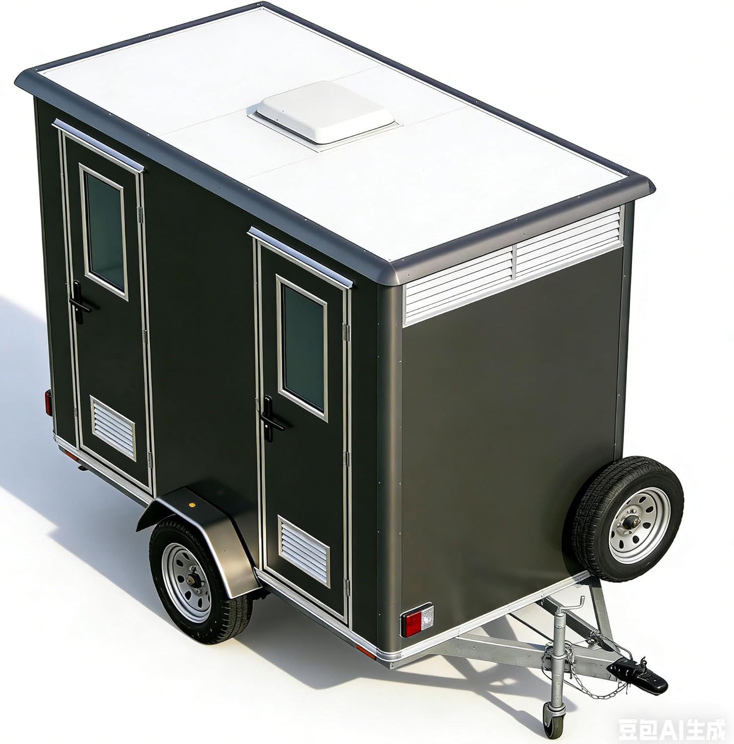 Mobile Restroom Trailer, Towable Sanitation Unit, Dual-Stall Portable Toilet, Ideal for outdoor weddings, camping, construction sites
