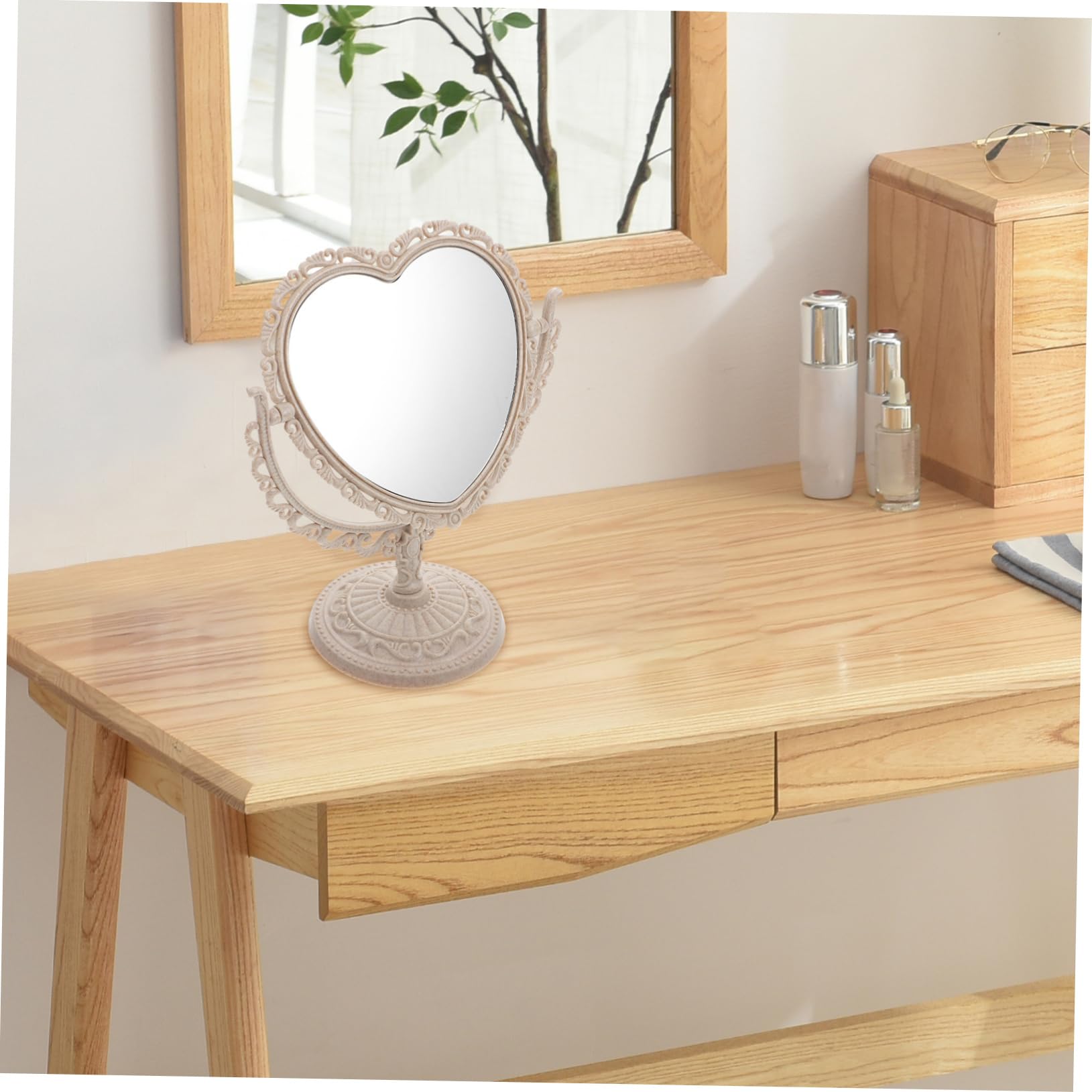 VICASKY Heart Shaped Makeup Table Mirror Rotatable Vintage White Plastic