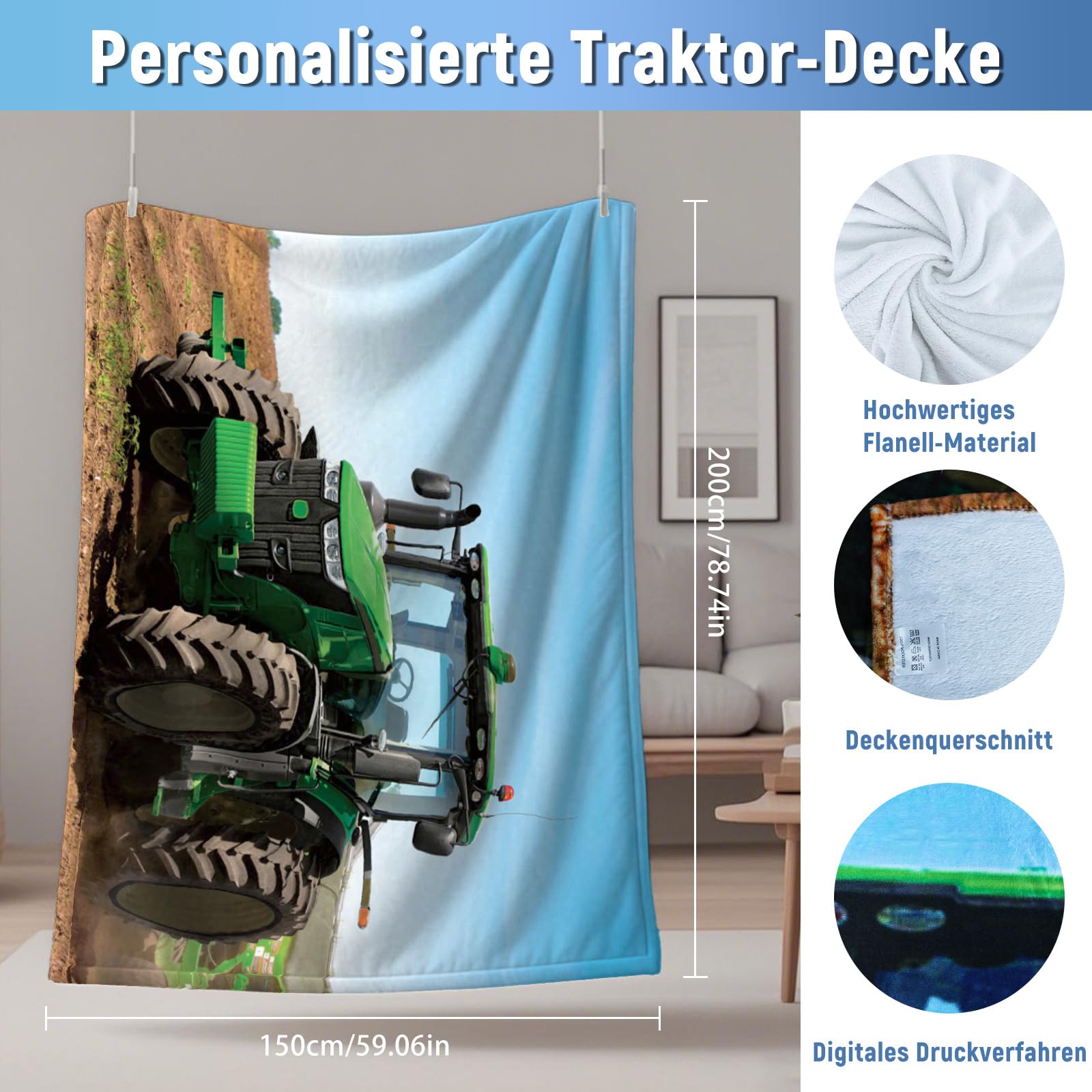 LXTOPN Coperta per trattore, coperta per bambini, a tema Farm, in flanella, calda e soffice, per ragazzi e ragazze (trattore blu, 150 x 200 cm)