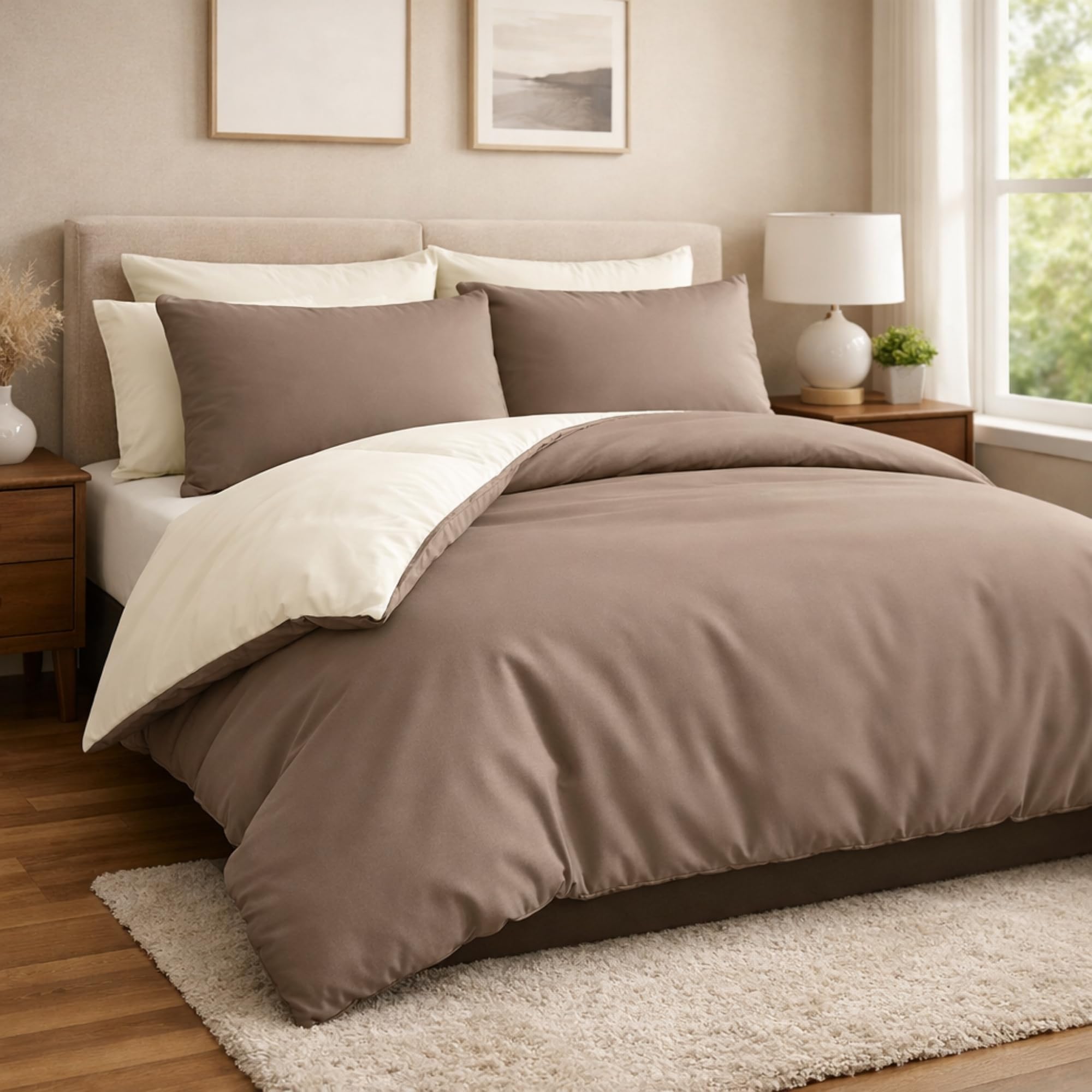 AQS INTERNATIONAL - Reversible Super King Duvet Cover Set - Ultra Soft Brushed Microfiber Mink & Cream Bedding with Pillow Cases - Breathable Durable Easy Care Comfortable Bedding for Home