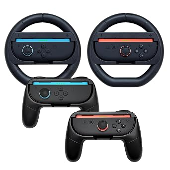Hand Grips & Steering Wheels 4-Pack Kit for Nintendo Switch 2 2025, Joy-Con Controller Handles for Mario Kart World/8 Deluxe Ergonomic Anti-Slip Design Family Party Accessories Black