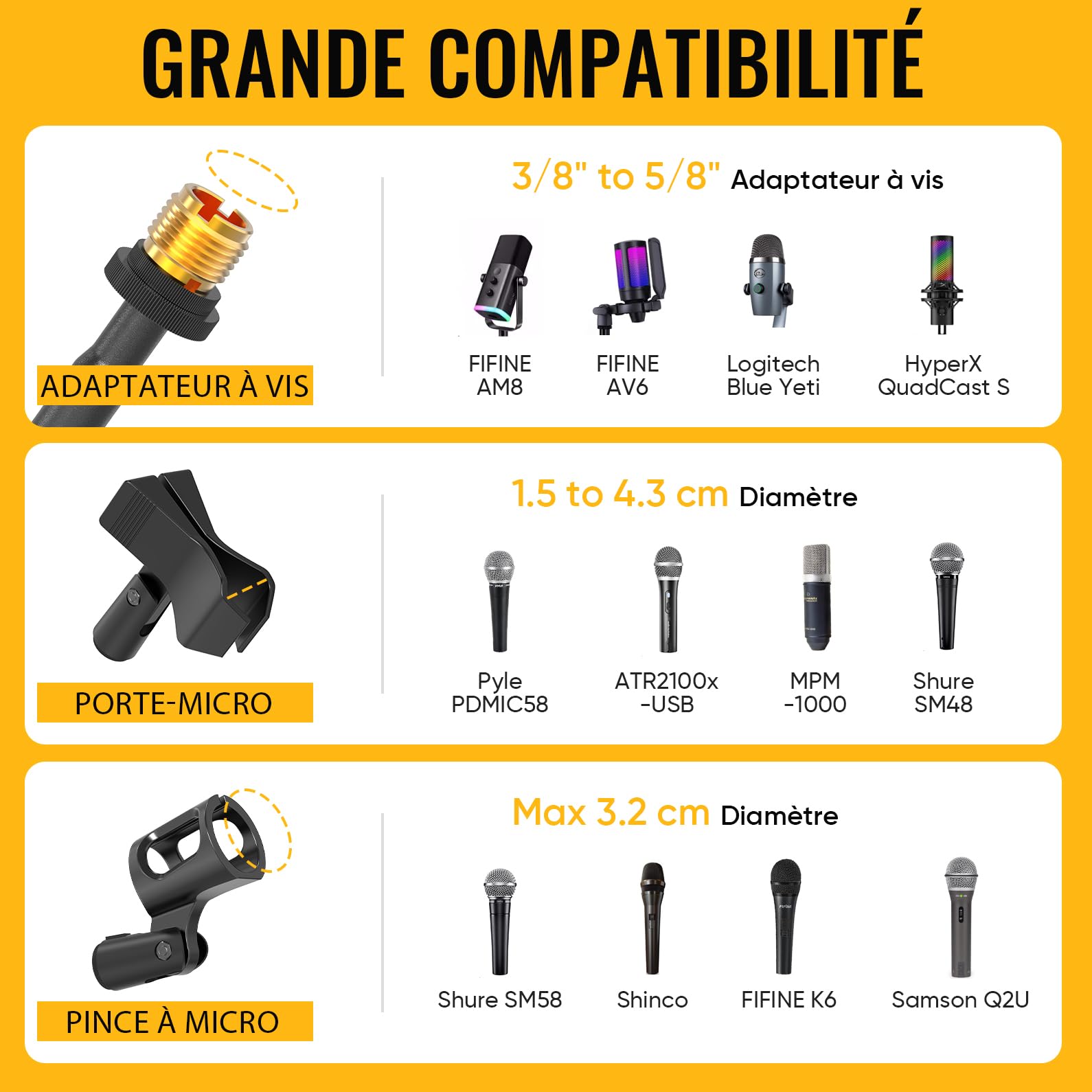 GLEAM Support de Microphone, Pied de micro pour microphone léger (< 0,5 kg) - Statif avec bras de positionnement, sac de transport, 2 pinces à micro et adaptateur vissable