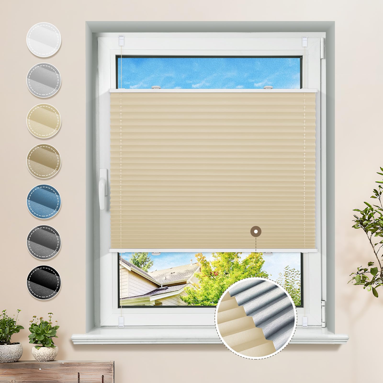 Plissee ohne Bohren Verdunkelung Klemmfix Hellbeige 65x130cm Thermo Plissees 100% Verdunklung Rollos für Fenster & Tür Verdunklungsplissee ohne Bohren Sichtschutz und Sonnenschutz