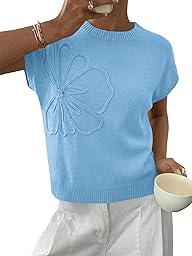 Saodimallsu Womens Short Sleeve Sweater Trendy Floral Pullover Sweaters Summer Casual Crewneck Lightweight Knit Tops