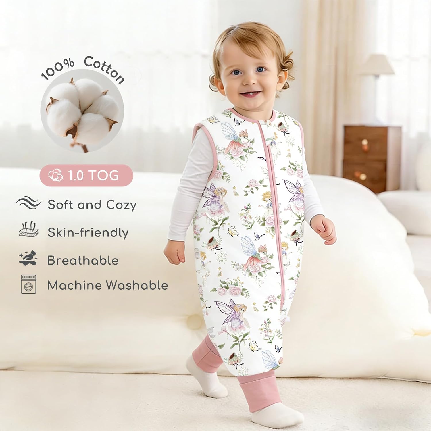 Chilsuessy Toddler Sleep Sack with Feet 2-3 T, 0.5 TOG Cotton Baby Wearable Blanket with Legs, Sleep Bag Walker with 2-Way Zipper, Elf Rabbit