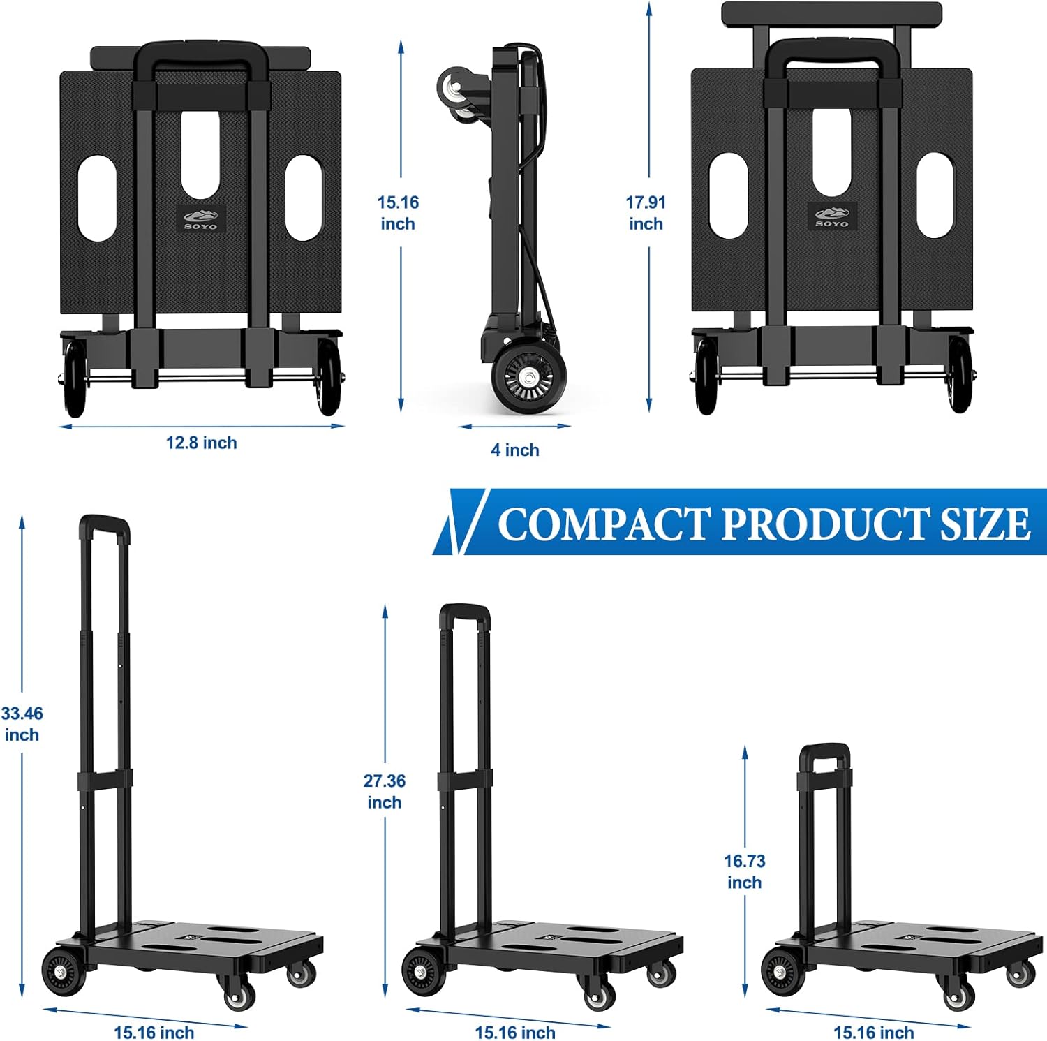SOYO Folding Hand Truck, 265 LB Capacity Dolly Cart for Moving, Heavy Duty Fold Up Shifter Trolley Collapsible Portable Luggage Cart with 4 Wheels for Travel Shopping Office Use, Black - - 