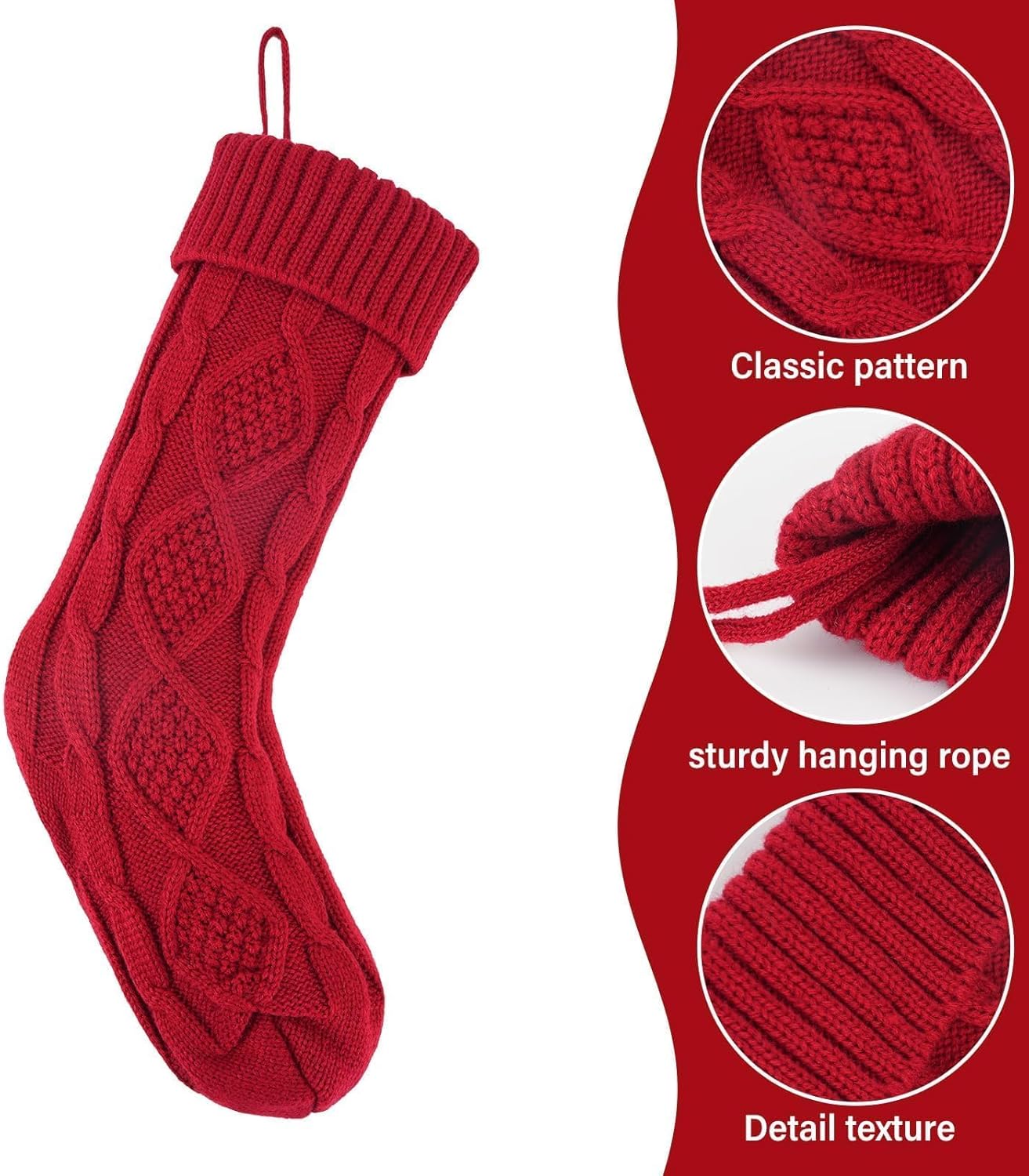 6PACK 18Inch Cable Knitted Christmas Stockings, Personalized Hanging Stockings for Holiday Party, Christmas Tree, and Family Home Decor in Red, White, Green