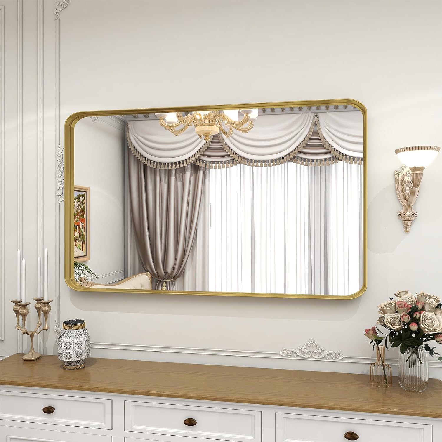 VooBang Bathroom Mirror 30x48 inch, Gold Gorgeous Deep Frame Wall Mirror, Modern Round Corner Bathroom Vanity Mirror for Bedroom, Living Room, Hanging or Leaning Horizontal or Vertical, Gold