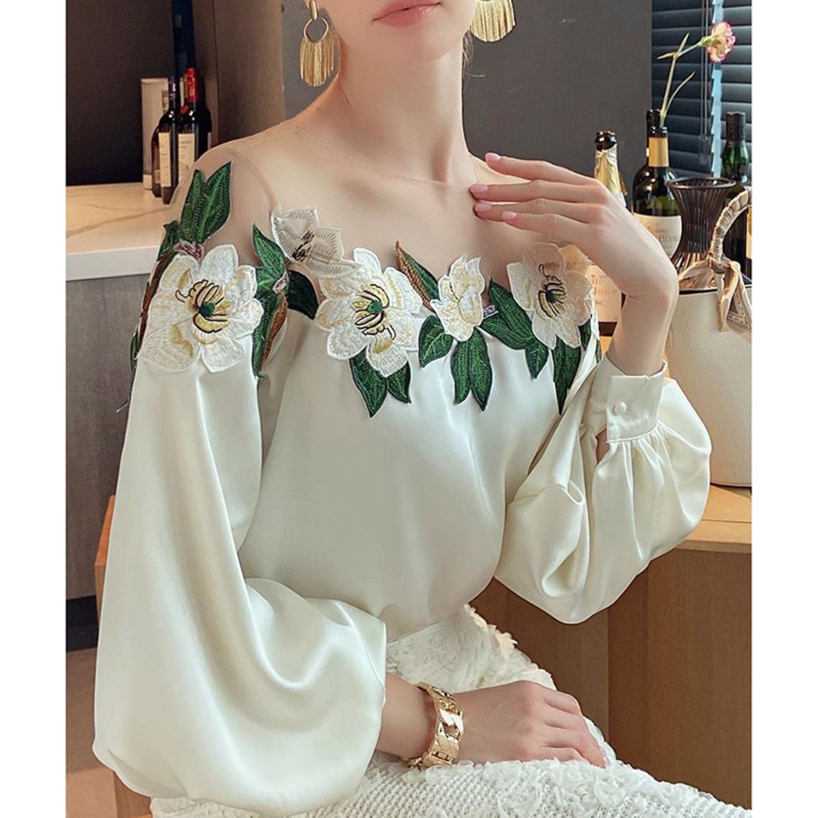 Siatkowa patchworkowa satynowa haftowana koszula damska latarnia rękaw vintage bluzka damska na co dzień topy moda nowe eleganckie bluzki