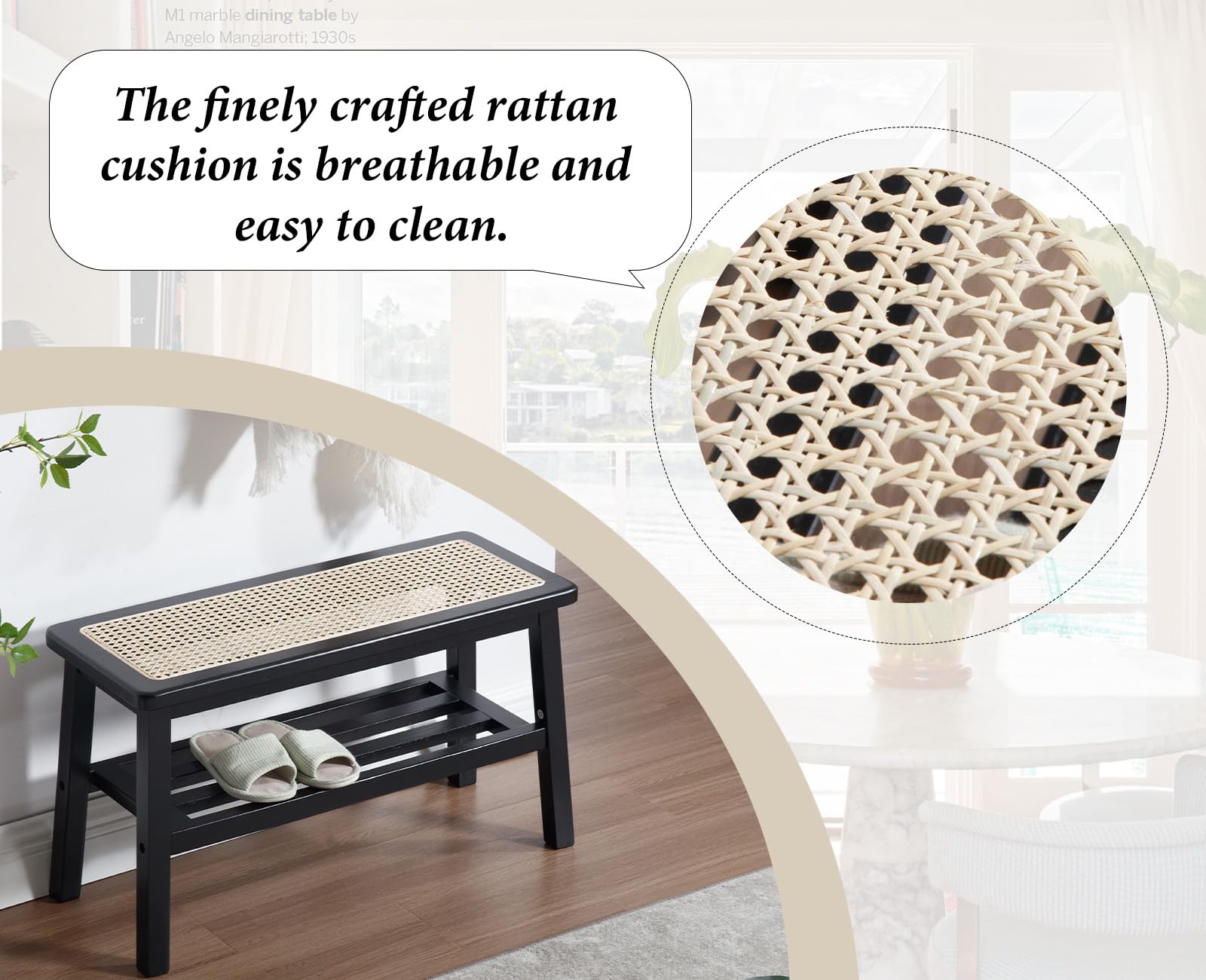 Ya-Home Banco de Cocina de Rattan, Banco Zapatero, Banco Madera Recibidor para Salon/Oficina,Negro