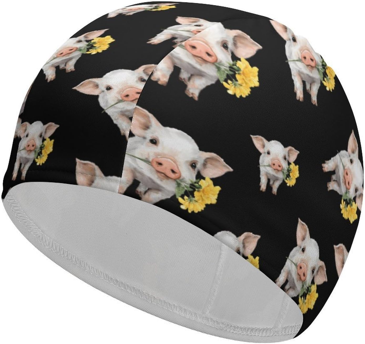 Pigs Holding Yellow Flower Womens Swim Cap for Men Adult Swimming Hat Curly Short Medium Long Hair