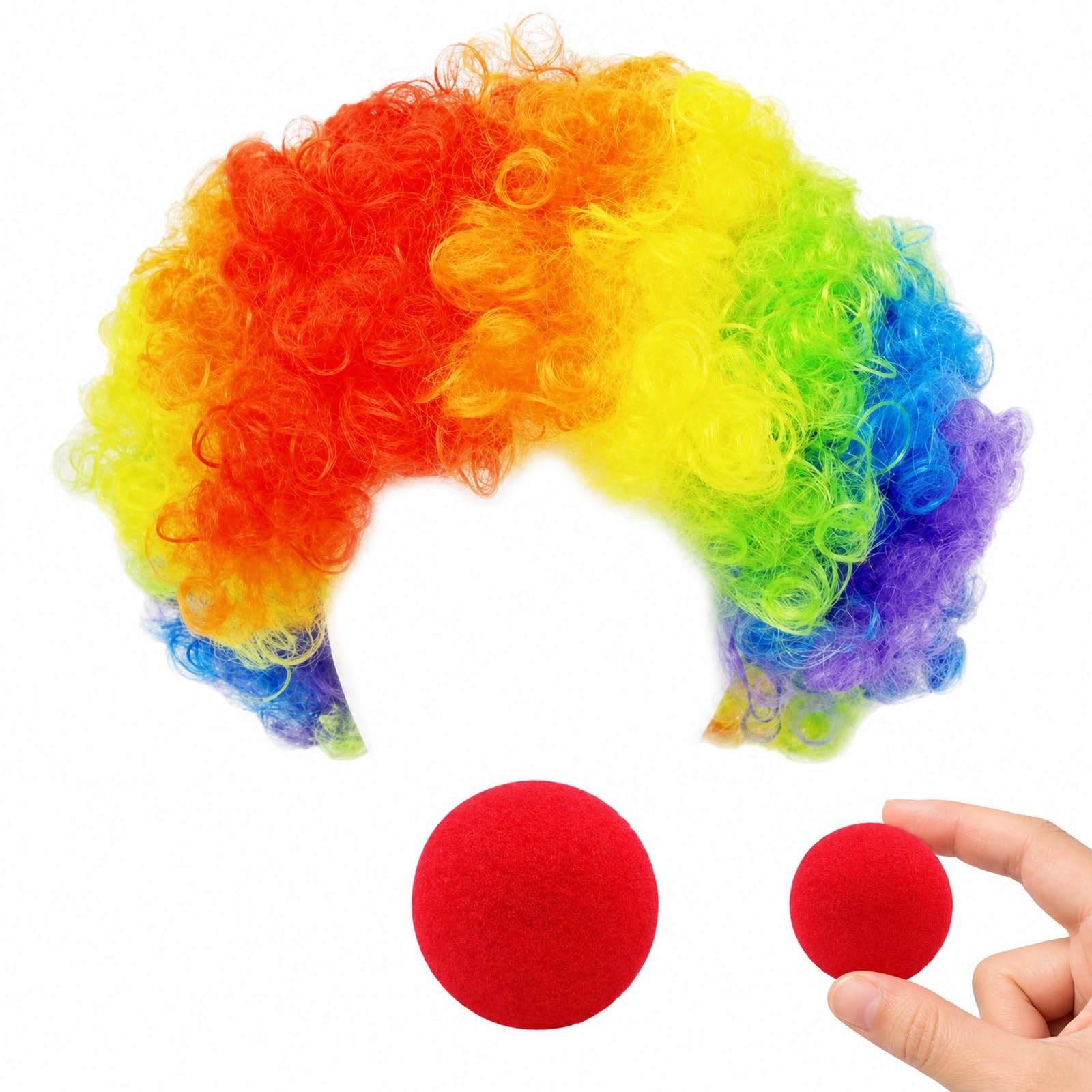 Clown Wig and Red Nose Set, Colorful Curly Costume Accessory for Adult