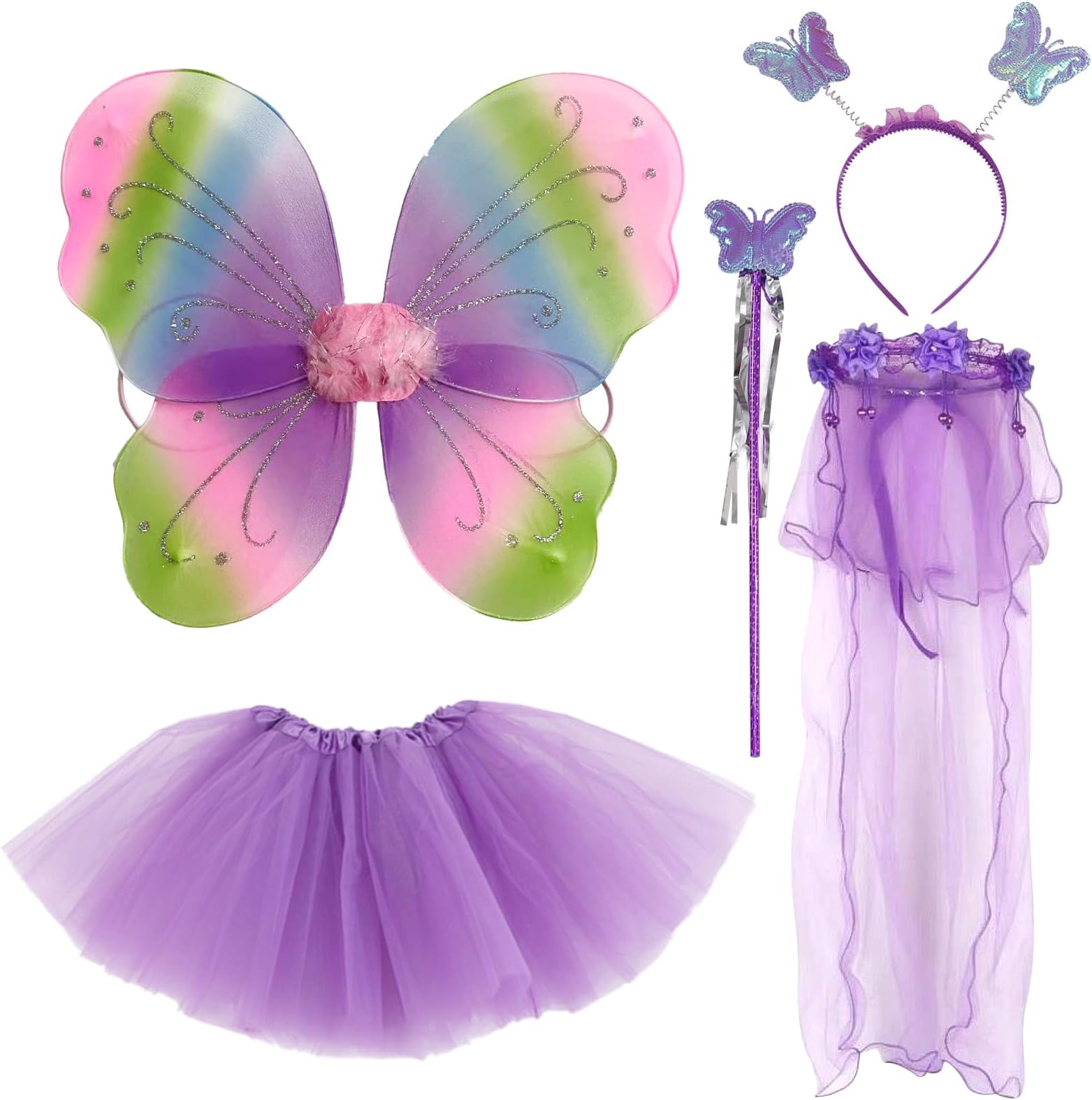 5 Pcs Fairy Wings & Dressing Up Costume Set for Girls - Butterfly Wings, Magic Wand, Tutu & Headband