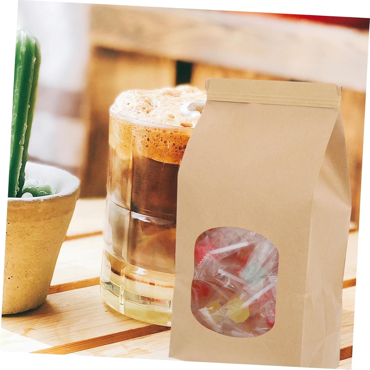 100pcs Resealable Kraft Paper Bakery Bags with Window Snack Treat Bags for Cookies Candy and Popcorn Grease-resistant Design for Home and Party Use