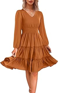 Women 2025 Sping Summer Dress V Neck Smocked Waist Casual Flowy A Line Tiered Work Midi Dresses