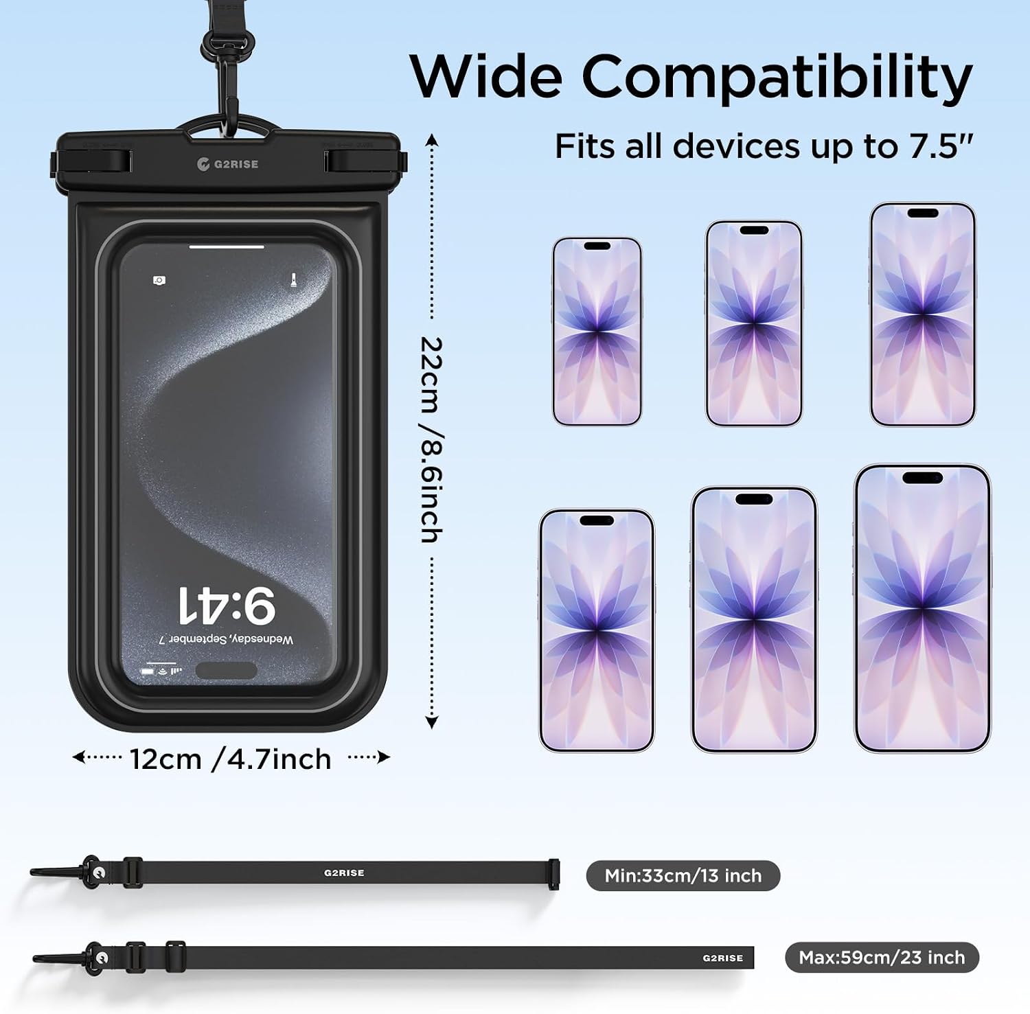 G2RISE IPX8 Waterproof Phone Pouch, Floating Water Proof Phone Case with Lanyard for Devices up to 7.5" iPhone 16 Pro Max 15 14 13 S25 S24 Black