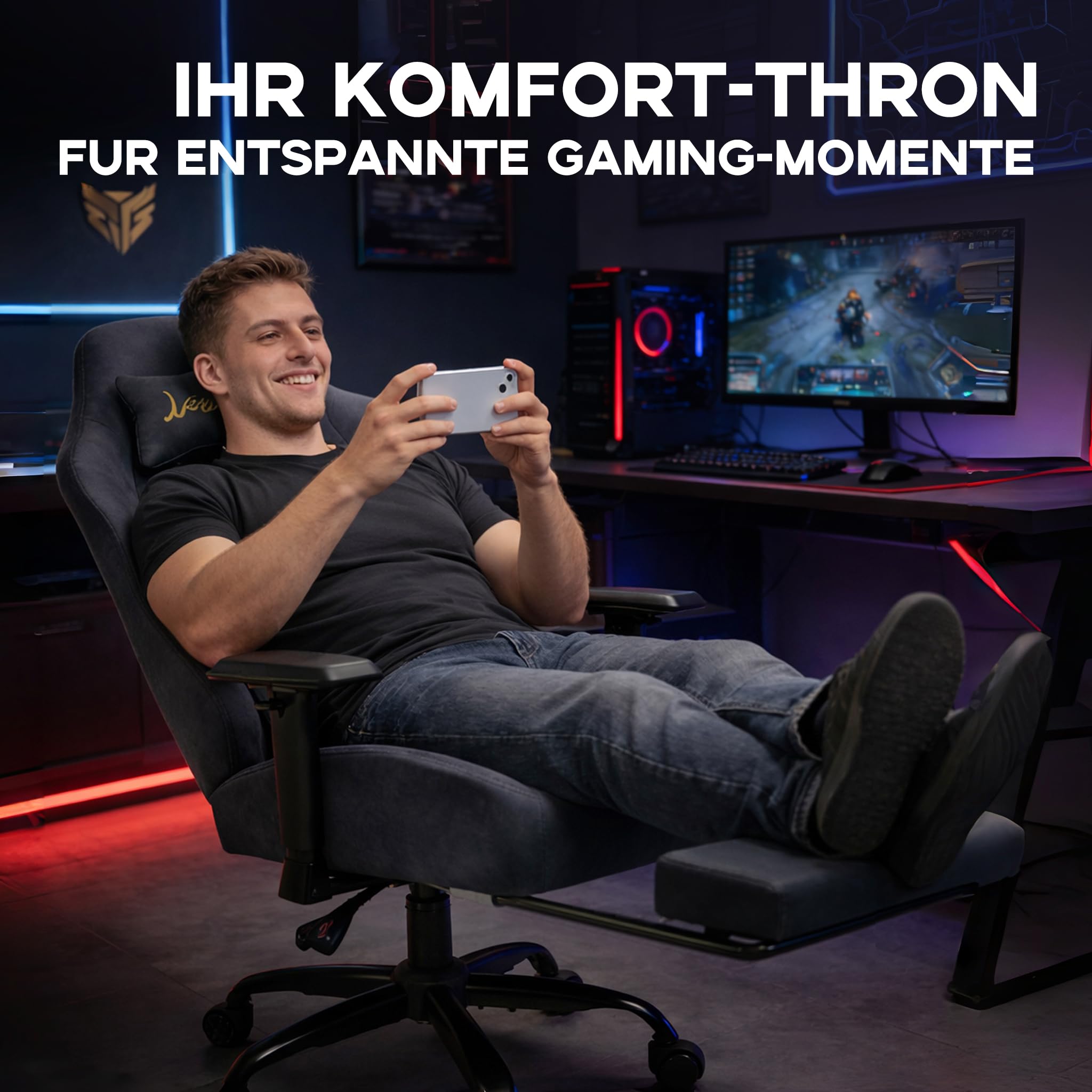 Gaming Stuhl Gamer Sessel wildlederartiger Stoff 3D-Armlehnen neigbare Rückenlehne höhenverstellbarer Sitz ausziehbare Fußstütze Lenden- & Kopfstütze 220 kg Belastbarkeit Grau