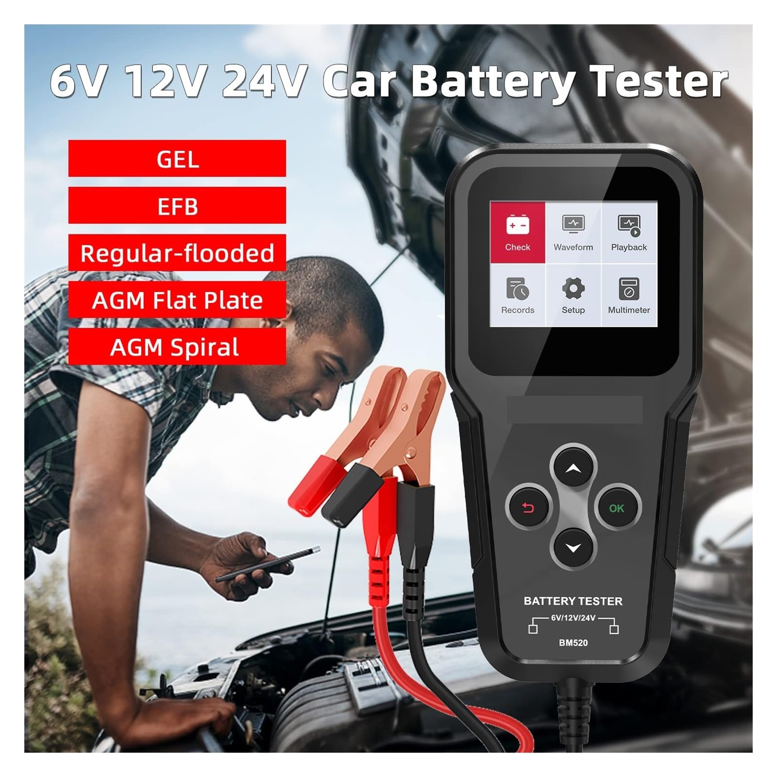 Tester Batteria for Auto 6V 12V 24V, Tester di Tensione 100-2000 CCA 2Ah-220Ah Tester di Resistenza Interna Analizzatore di Batteria