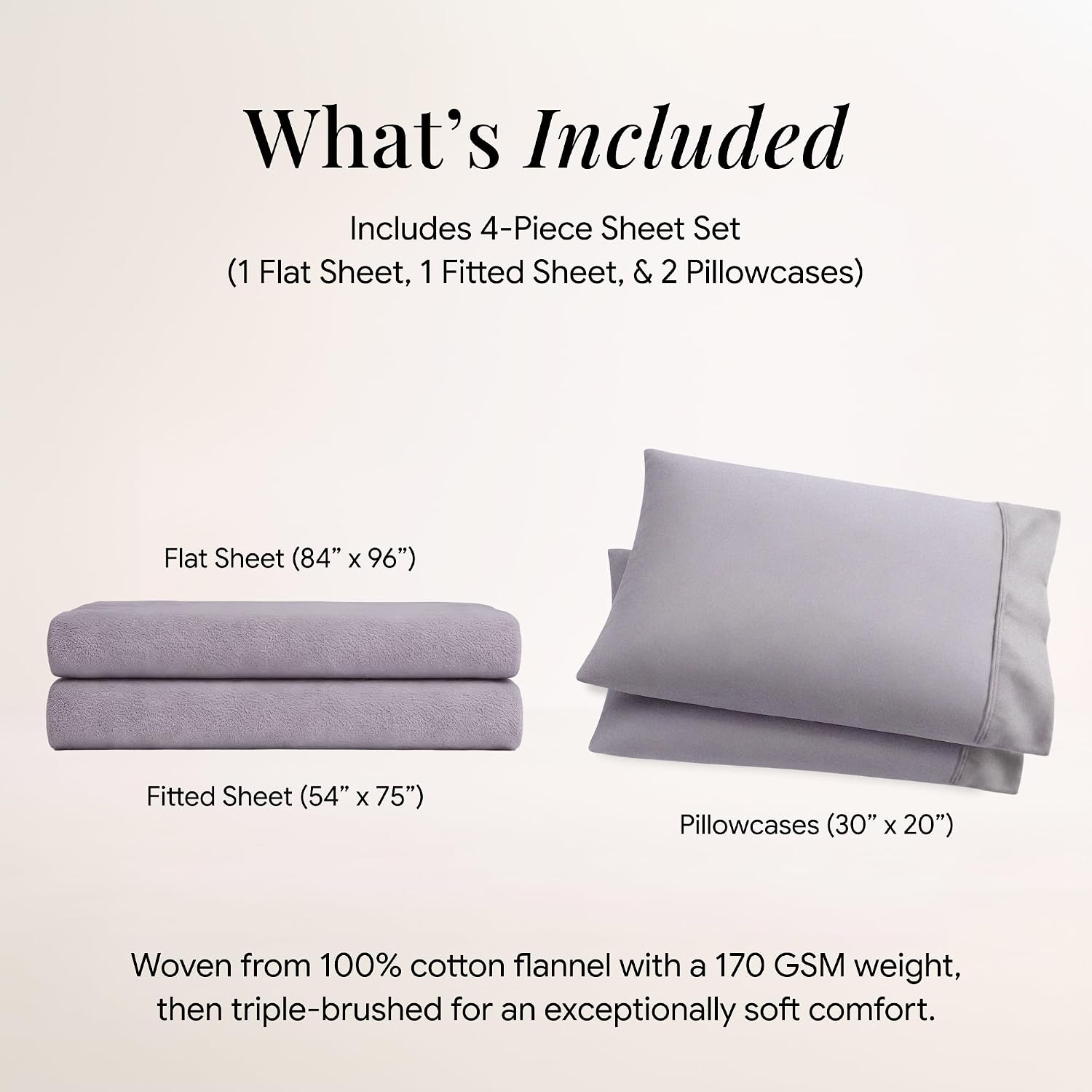 Tribeca Living Triple Brushed Soft Cotton Flannel Sheets Set, Full Size 170-GSM Weight Extra Deep Pocket Sheet in Solid Lavender Color