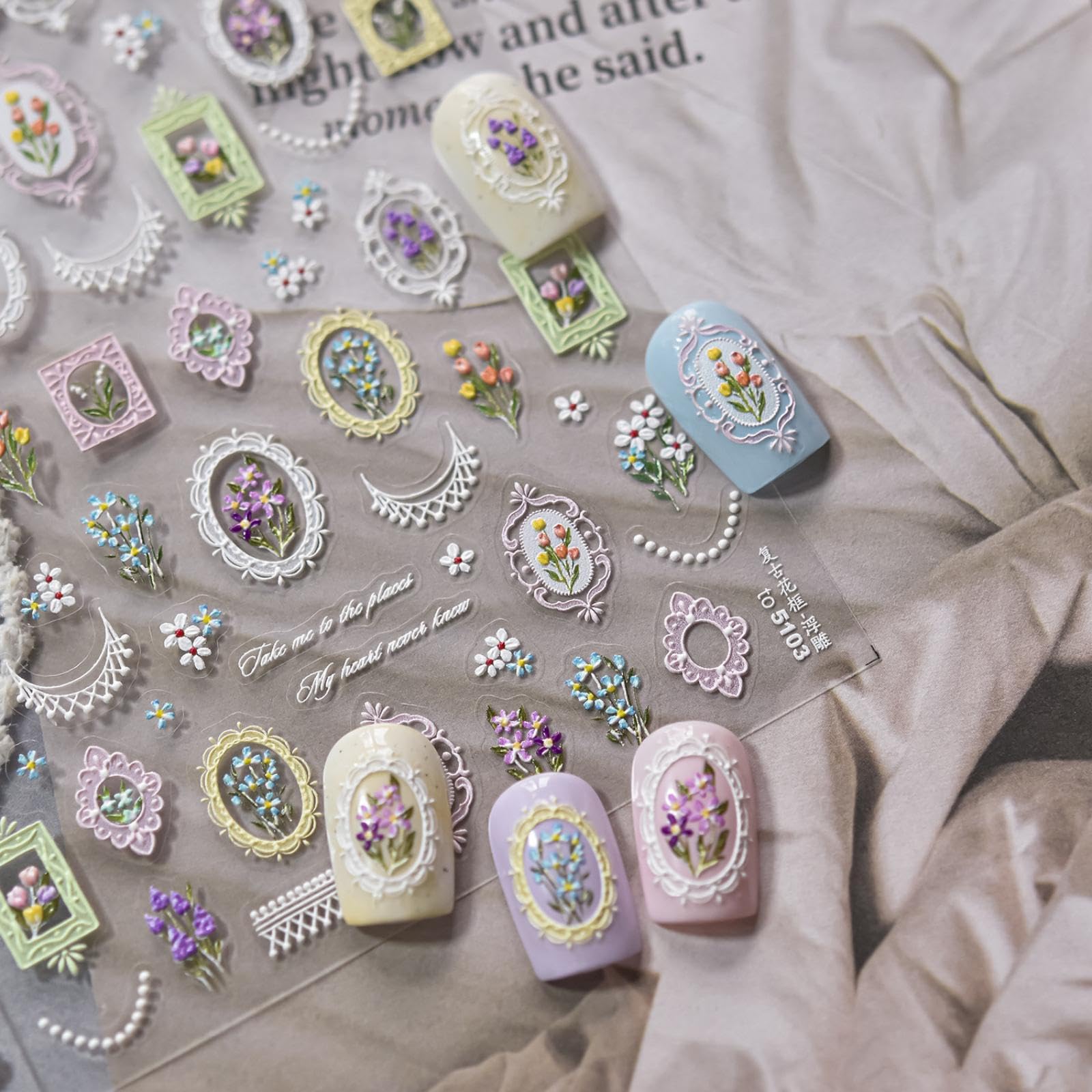 5D Embossed Vintage Floral Frame Nail Stickers with Lace Accents