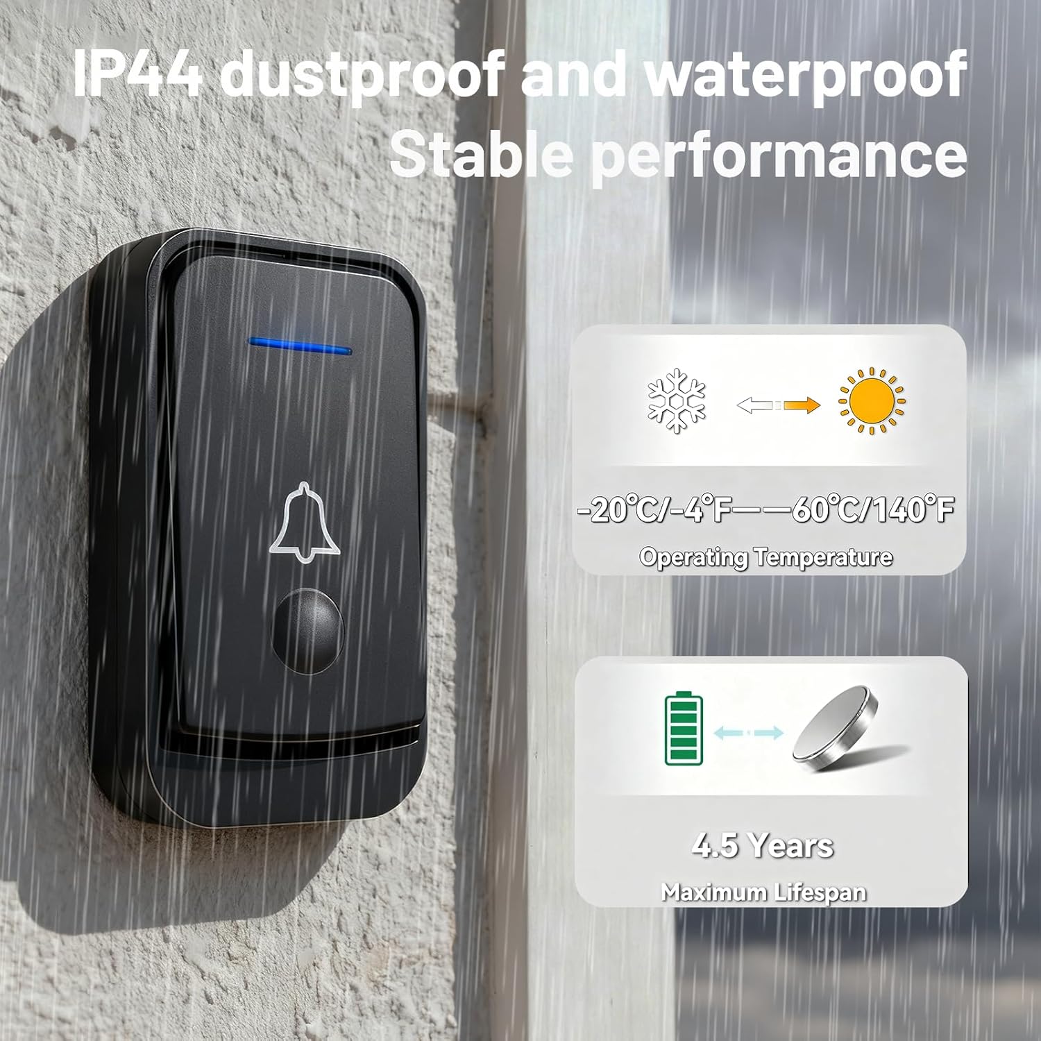 Wireless Doorbell, 1000ft Range, 52 Chimes, Four-speed Adjustable Volume, IP44 Waterproof, Low Power Consumption, LED Flash, Black, For Home, Bedroom, Apartment, Classroom, Bussiness, Elderly