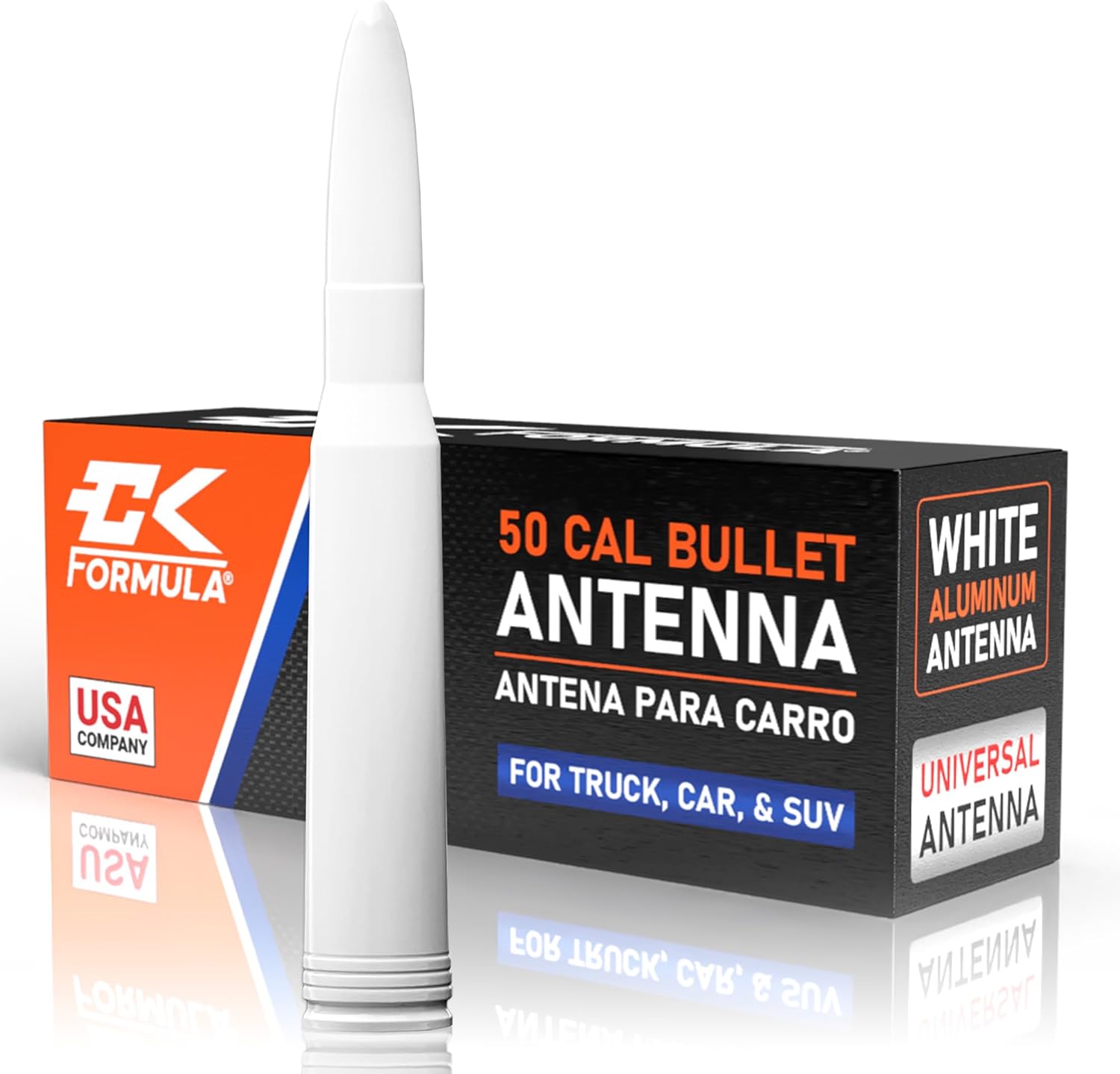 Universal White 50 Cal Bullet Antenna for Ford F150, RAM, Chevy Silverado, GMC Sierra, Bronco, Jeep Wrangler, Tacoma, Tundra, Solid Billet Aluminum, Car Wash Safe, Short Truck Antenna Replacement