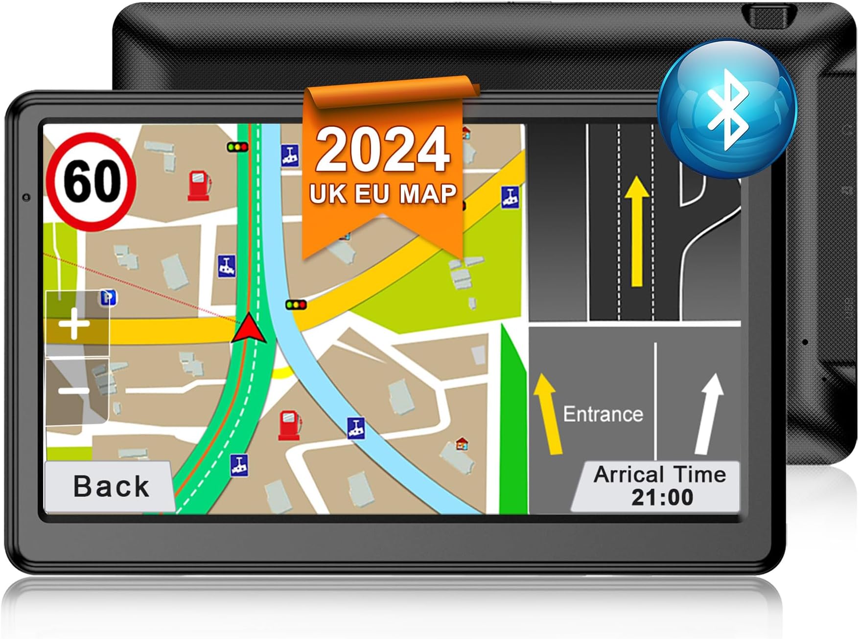Jimwey Bluetooth UK Sat Nav for Car, 7 inch GPS Navigator 2024 UK Europe Maps, Lifetime Free Updates, Truck GPS Navigation with Handsfree Calling, Postcode, Speed Camera Alert, Lane Assist (BT-7)
