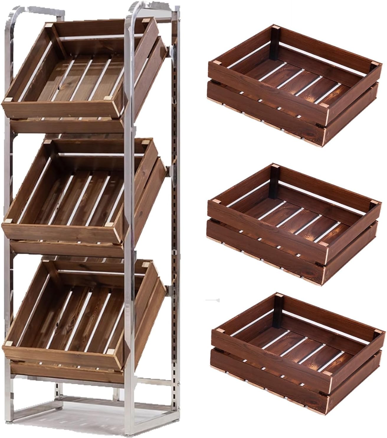 Retail Display Rack, Stainless Steel And Wood Fruit Vegetable Cart With Wheels 2 Or 3 Tier Walnut(Wood,3 tier)
